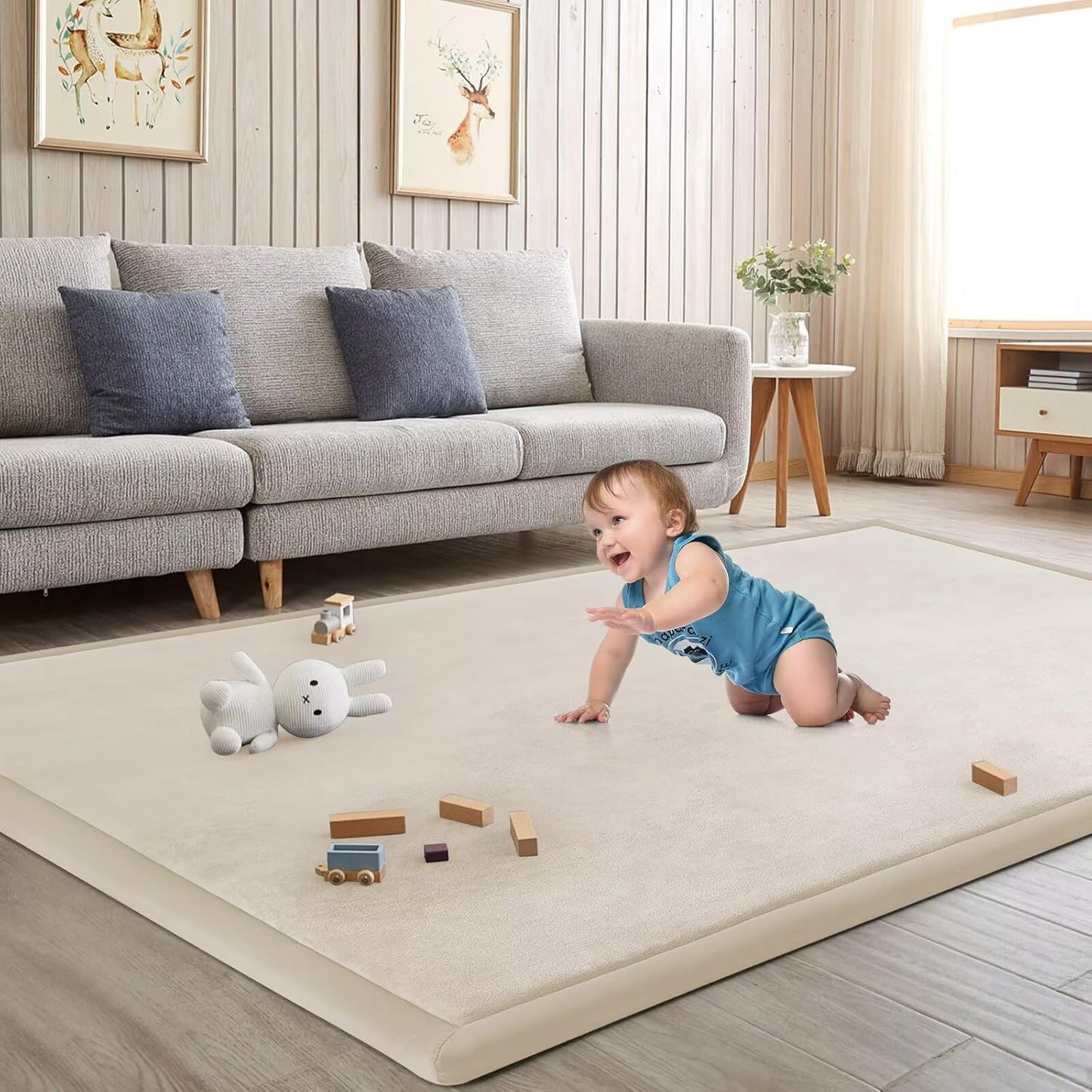 Baby Play Mat for Floor Tummy Time Mat Nursery Rug Muscle Mat Area Rug Playroom Rug Tatami Mat 13'1"x6'7" Memory Foam 1.3" Thick Crawling Mat For Babies,Toddlers, Infants, Kids,Floor Mat(Beige)