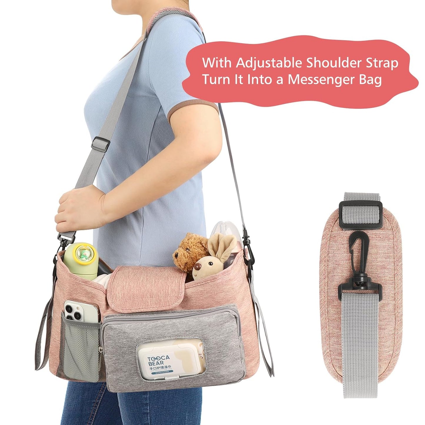 Accmor Universal Stroller Organizer with Insulated Cup Holder, Stroller Caddy Bag Accessories, Stroller Cup Holder Organizer for Uppababy Baby Jogger Britax Stroller, Pink