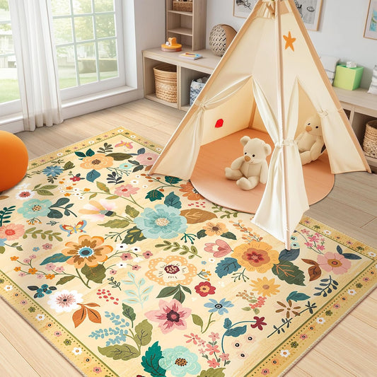 Floral 3x5 Area Rug Machine Washable Soft Print Boho Carpet Non Slip Doormat Low Pile Flower Area Rugs for Living Room Bedroom Nursery Kitchen Dining Room Indoor-Ivory/Yellow