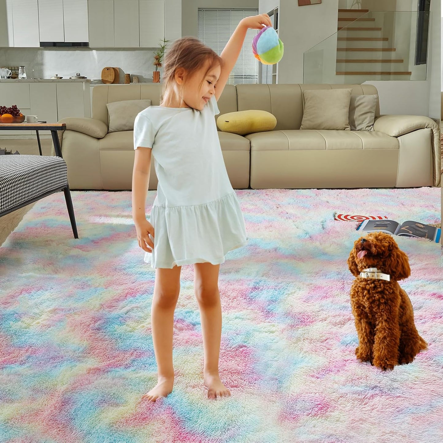 Ultra Soft Rug for Living Room, 5X8 Fluffy Shag Area Rug for Bedroom, Modern Shaggy Carpets Fuzzy Rug for Teens Dorm Nursery Home Decor Aesthetic, Upgrade Anti-Skid Durable, Rainbow