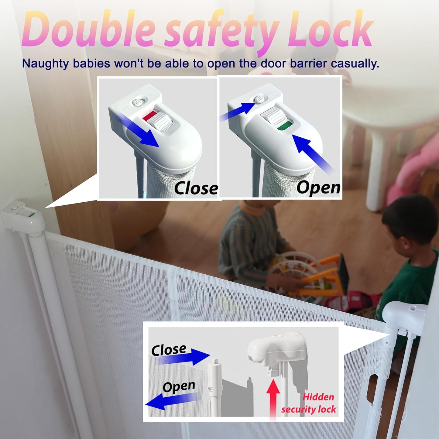 Retractable Baby Gates for Stairs, 55" Wide Baby Gate Dog Gate, 41" Tall Retractable Pet Gate for Doorways, Child Safety Gates Mesh Gate with Fiberglass Rods for Stairways, Hallways, Indoor/Outdoor