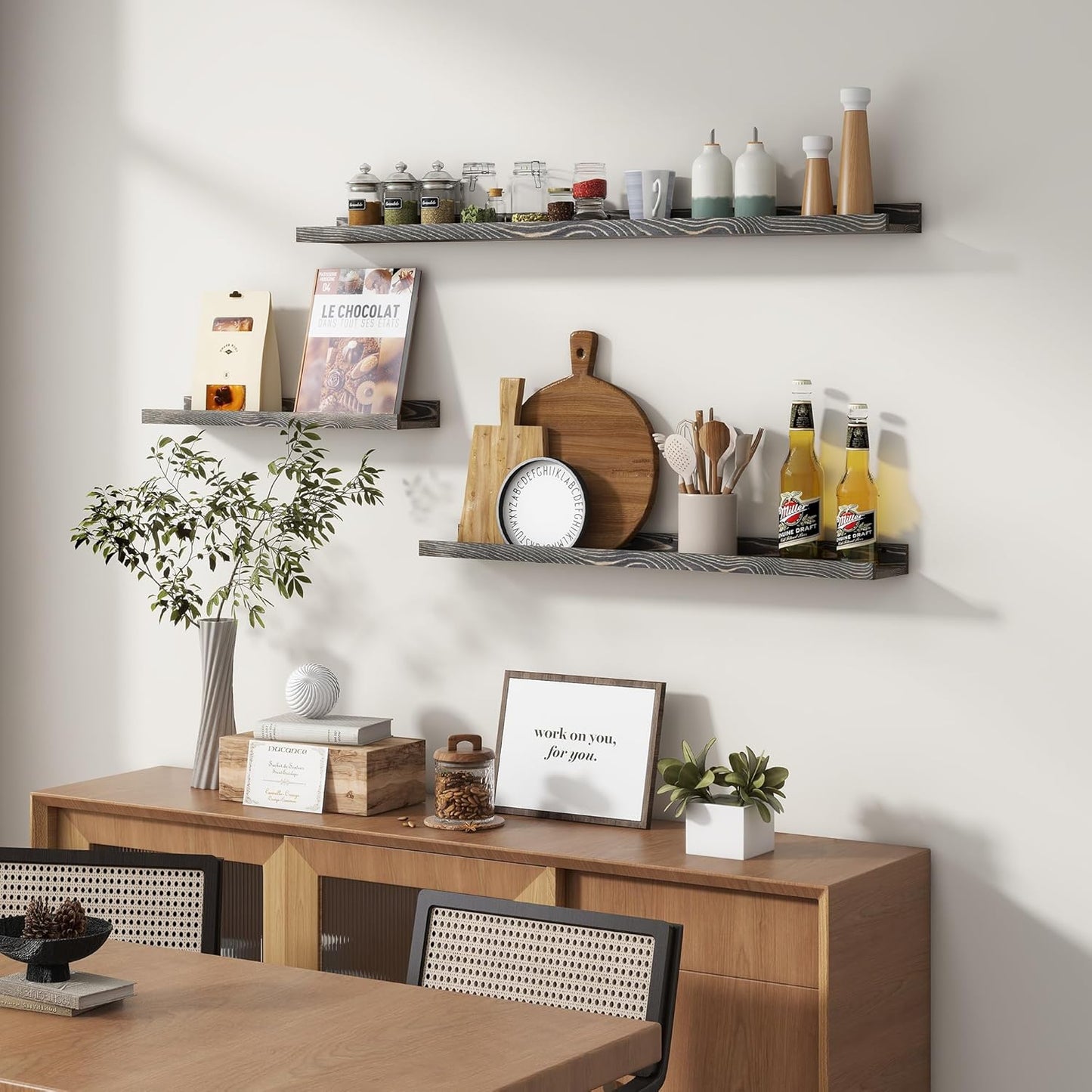 Picture Ledge Wall Shelves - 24 Inch Width Set of 3, Solid Pine Wood Rustic Floating Ledge Shelves for Kids' Room, Bedroom, Kitchen, Bathroom, Living Room, Nursery Display Wall Decor, Grey