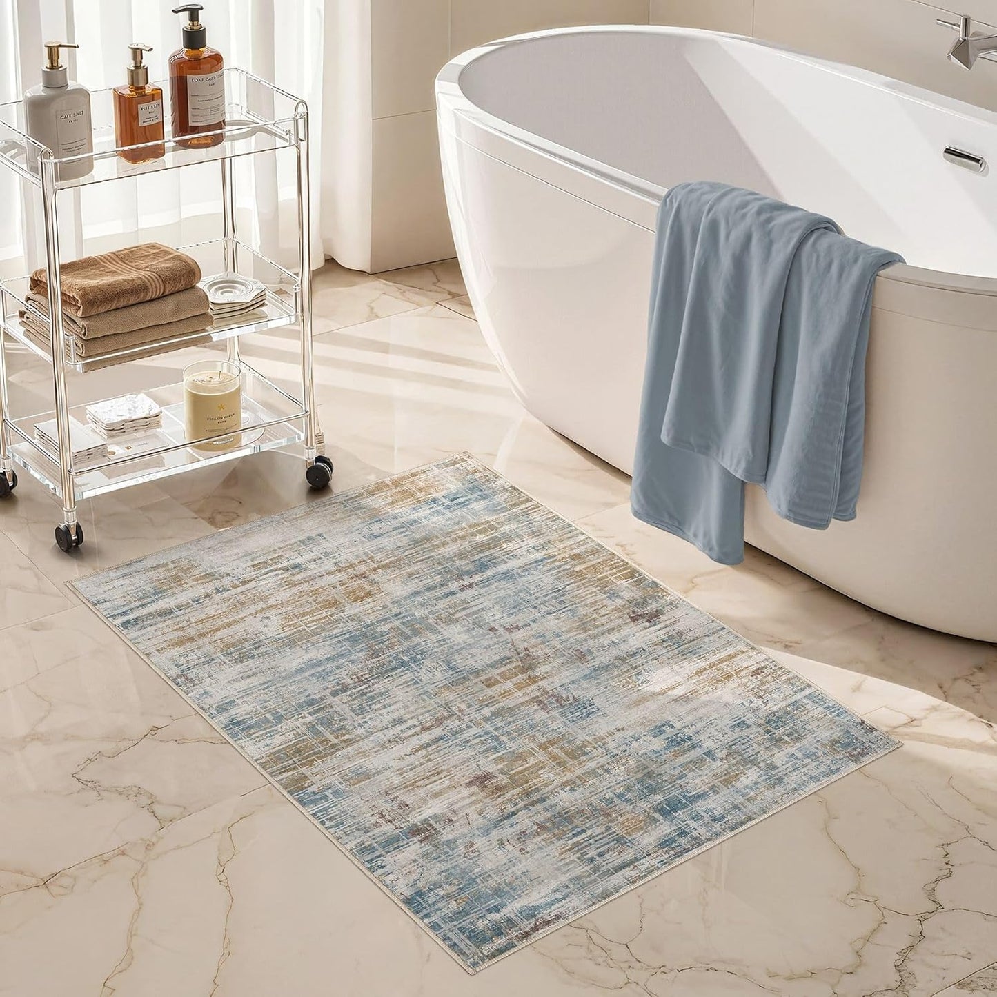 2x3 Entryway Area Rugs: Washable Neutral Abstract Small Rug Door Mat Non-Slip Soft Low Pile Indoor Carpe for Entrance Kitchen Front Door Bathroom Entry Kids Room - Blue Brown