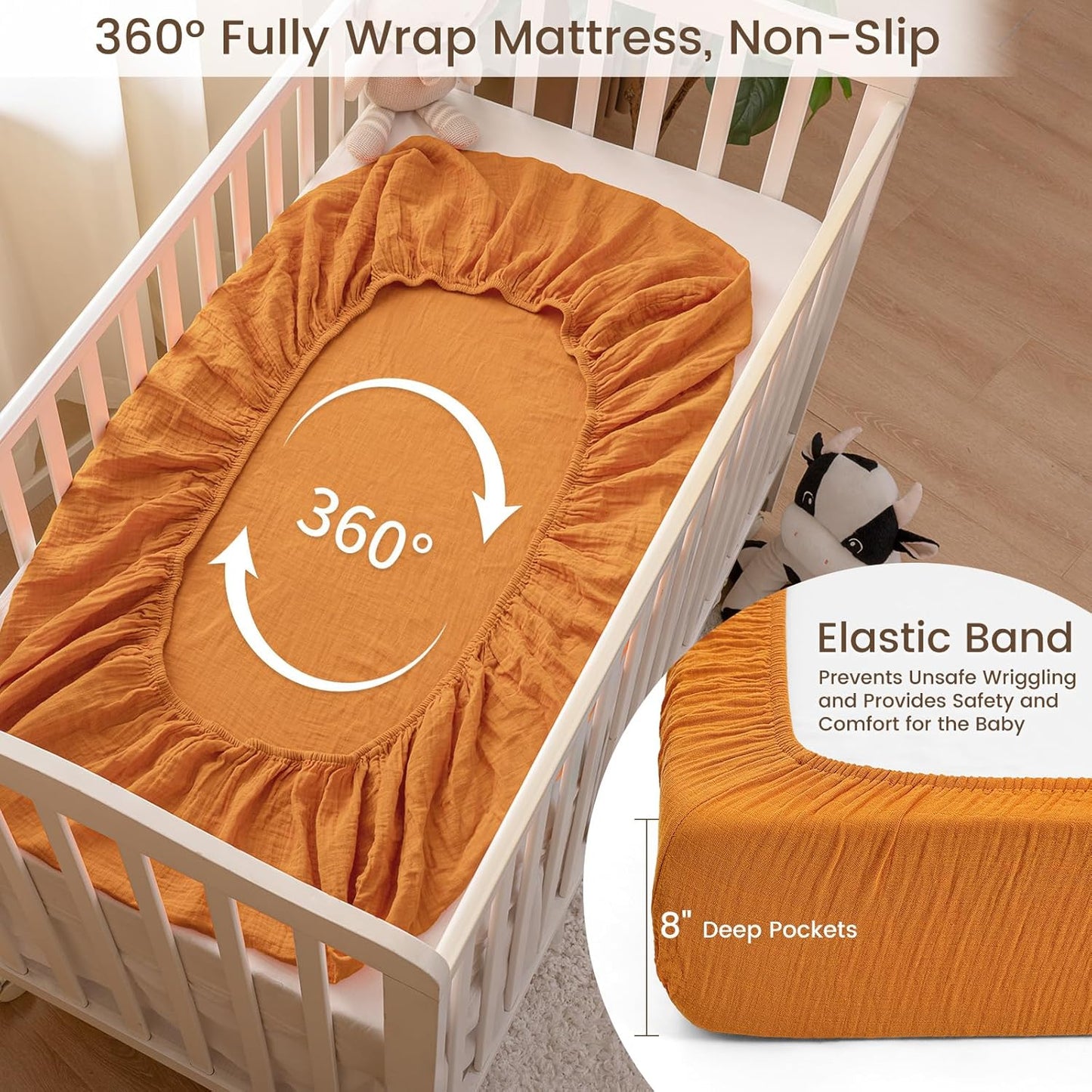 david's kids Muslin Crib Sheets for Boys Girls, 2 Pack 100% Cotton Soft Breathable Fitted Baby Sheet Set, 28x52 Inch Fits Standard Crib and Toddler Mattresses, Beige & Ginger