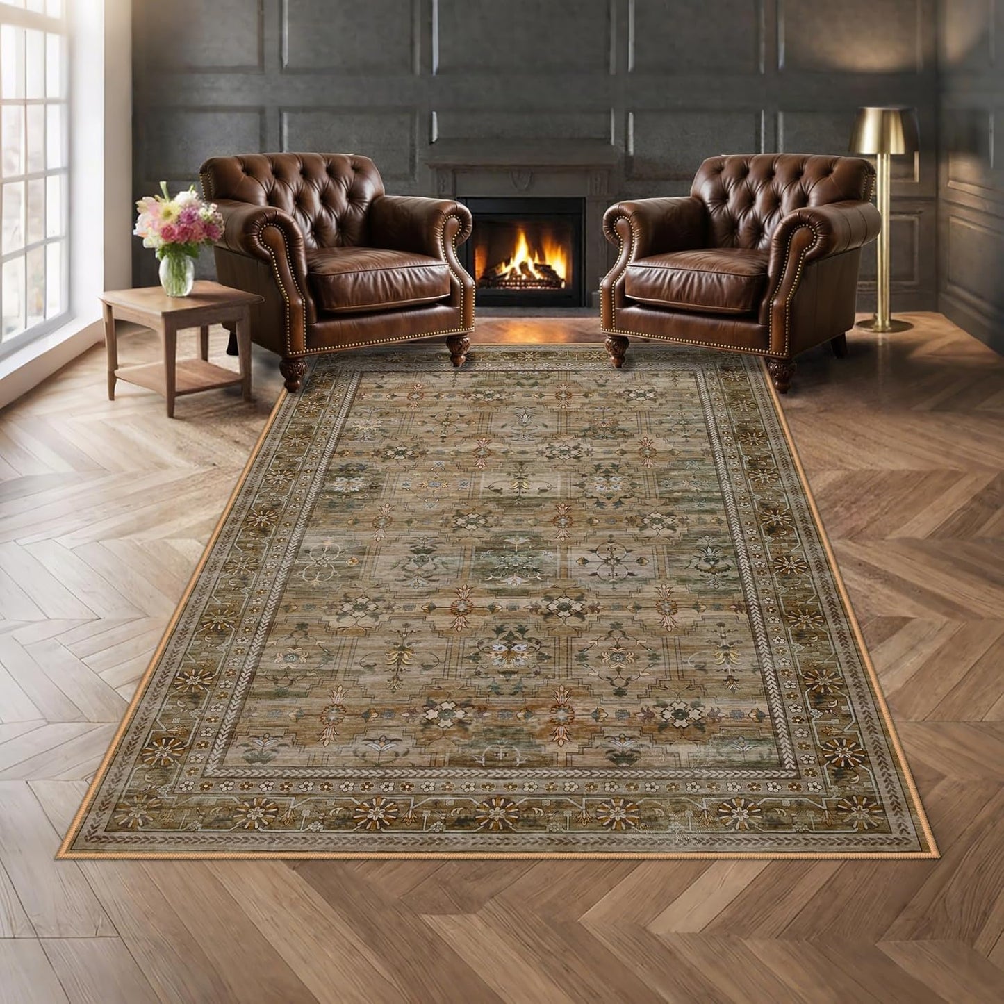 4x6 Area Rug for Bedroom Machine Washable, Non Slip Vintage Floral Kitchen Rugs for Dining Room, Low Pile Indoor Floor Print Carpet for Nursery Farmhouse Home Office Olive/Charcoal