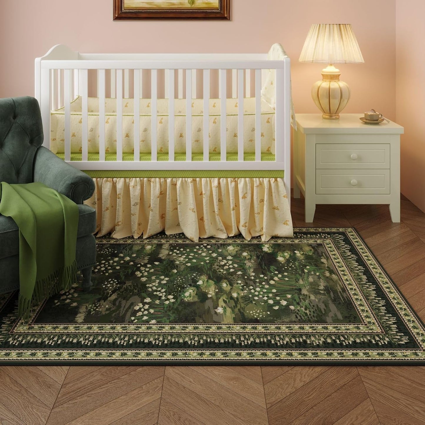 5x7 Area Rugs Impressionist-Style Vintage Washable Area Rug Non Slip Low Pile Large Rugs for Living Room Bedroom Farmhouse Dining Room Kids Playroom, Green