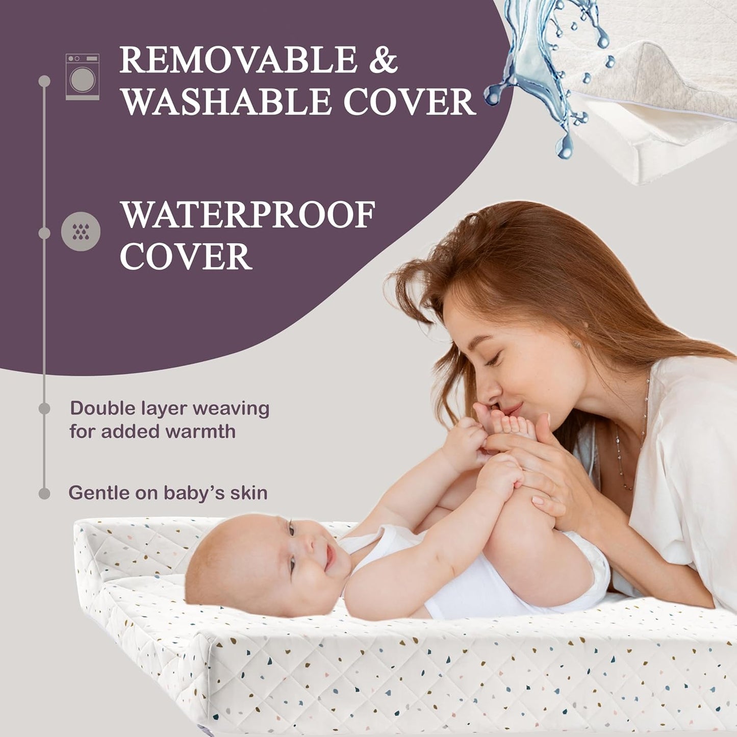 Organic Cotton Contoured Baby Changing Pad w/Waterproof Foam Mattress, Includes Soft, Removable & Washable Cover, Safety Strap, Non-Slip Bottom, Topper for Standard Size Infant Diaper Table & Dresser