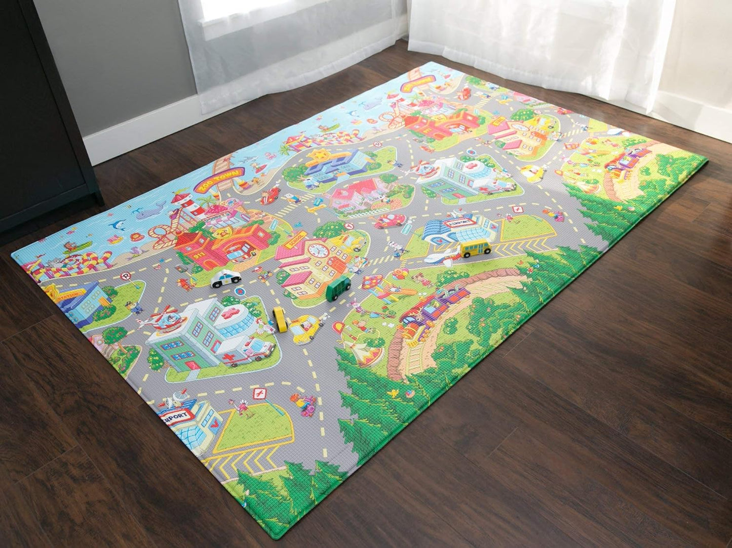 Baby Care Play Mat (Large, Playful - Zoo Town) 82'' x 55'' Original One-Piece Reversible Rollable Waterproof Play Mat for Infants, Babies, Toddler, and Kids
