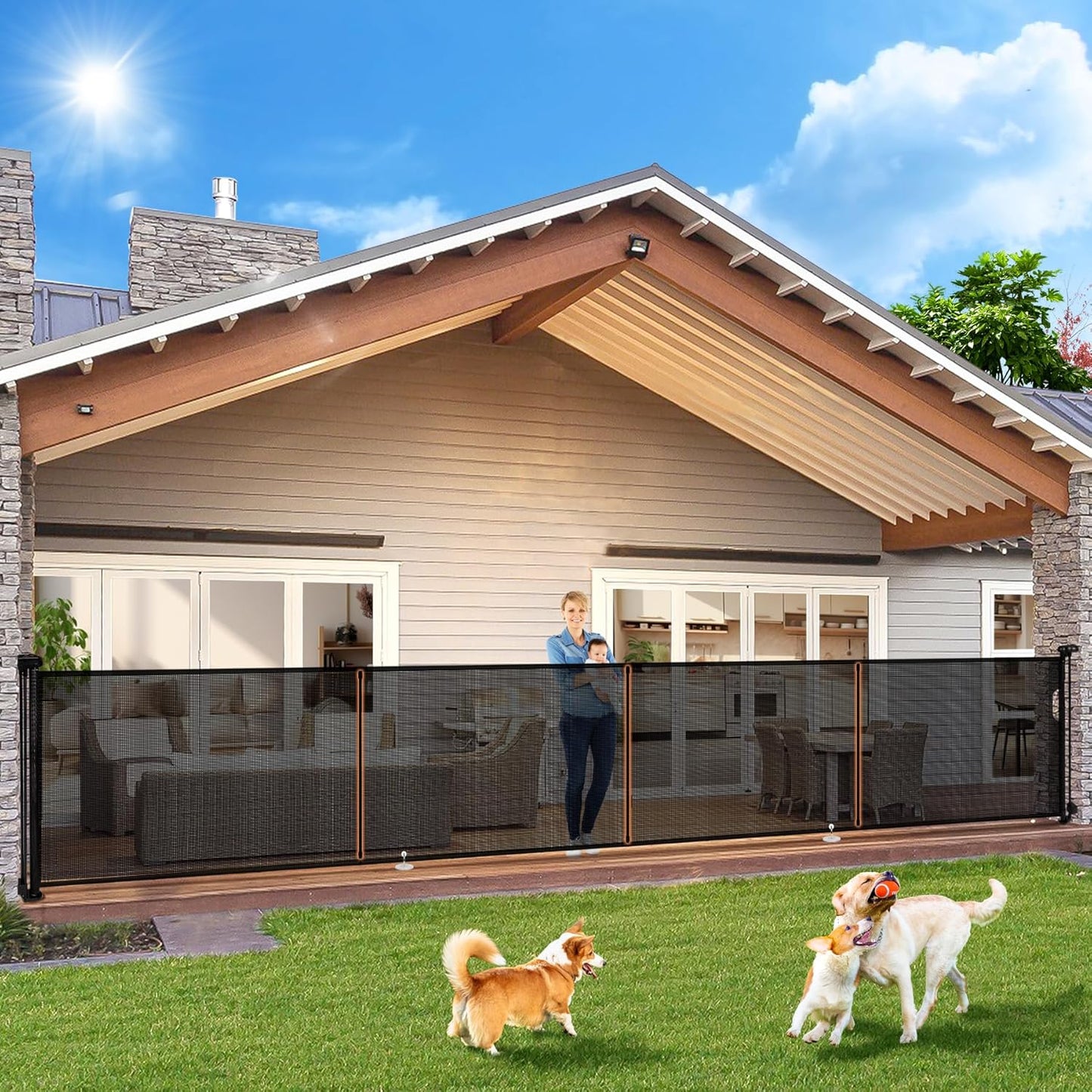 180" Extra Wide Retractable Baby Gates for Large Openings, 42" Extra Tall with Support Rods, Prevent Crawling, Mesh Dog/Pet Gate for Stairs/Doorways, Indoor/Outdoor Use