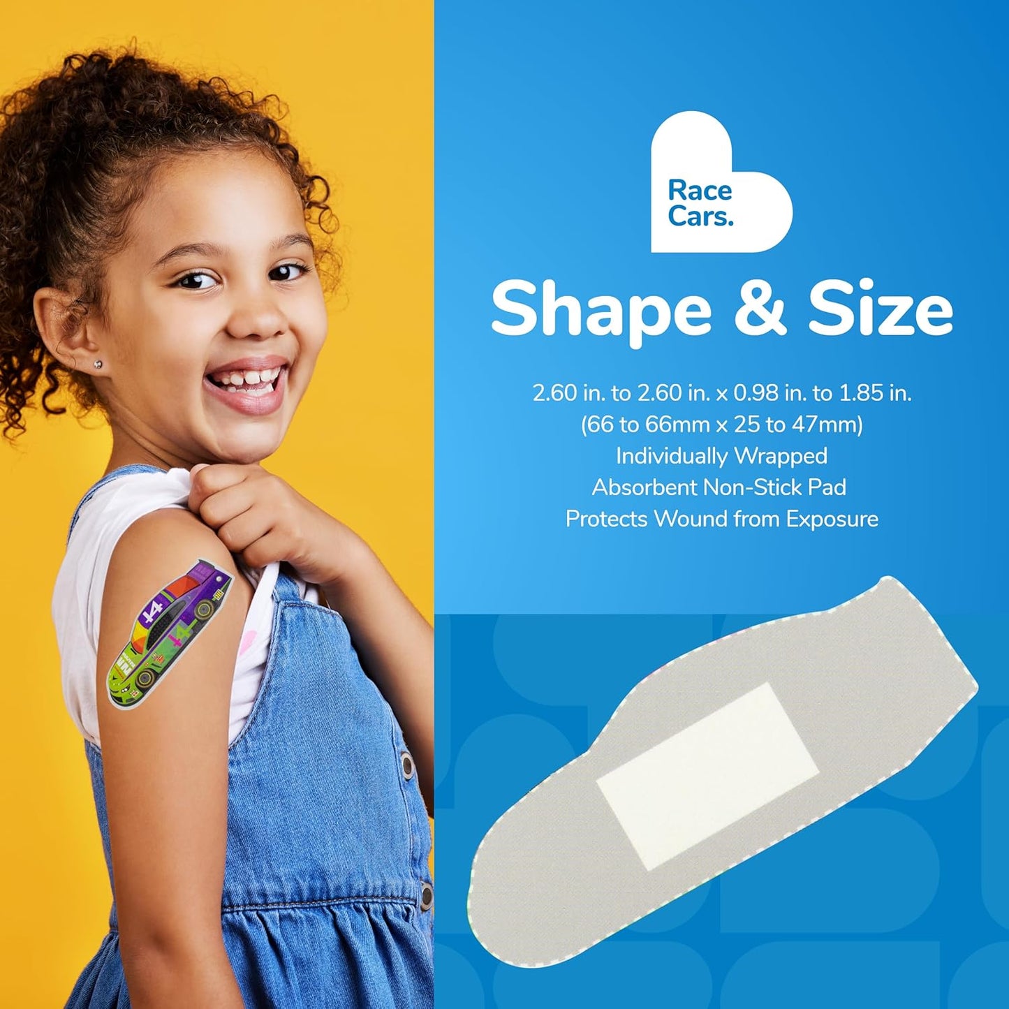 BioSwiss Bandages, Race Cars Shaped Self Adhesive Bandage, Latex Free Sterile Wound Care, Fun First Aid Kit Supplies for Kids and Adults, 50 Count