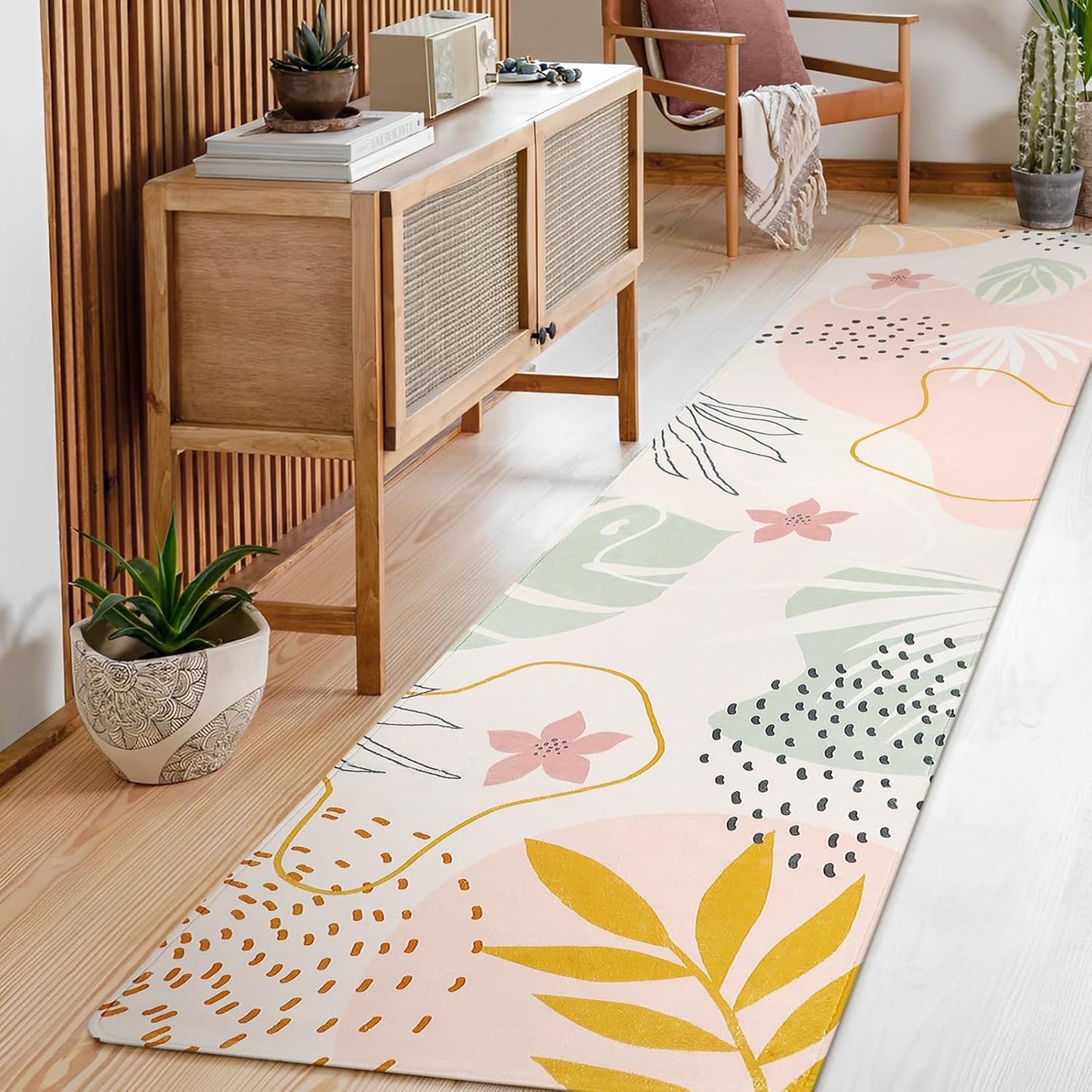 Lahome Washable Rug 2x8 - Hallway Kitchen Bathroom Carpet Runner, Lightweight Pink Botanical Print Laundry Non Slip Throw Rug, Bedroom Entryway 8ft