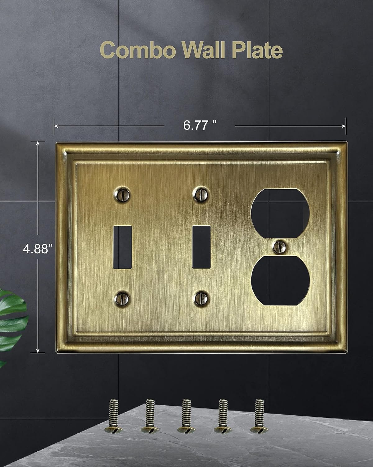Combination 2 Toggle and 1 Duplex Metal Wall Plate, 3-Gang Switch Plates and Outlet Covers, Decorative Antique Brass Finish, Corrosion Resistant, 2-Pack, Midsize