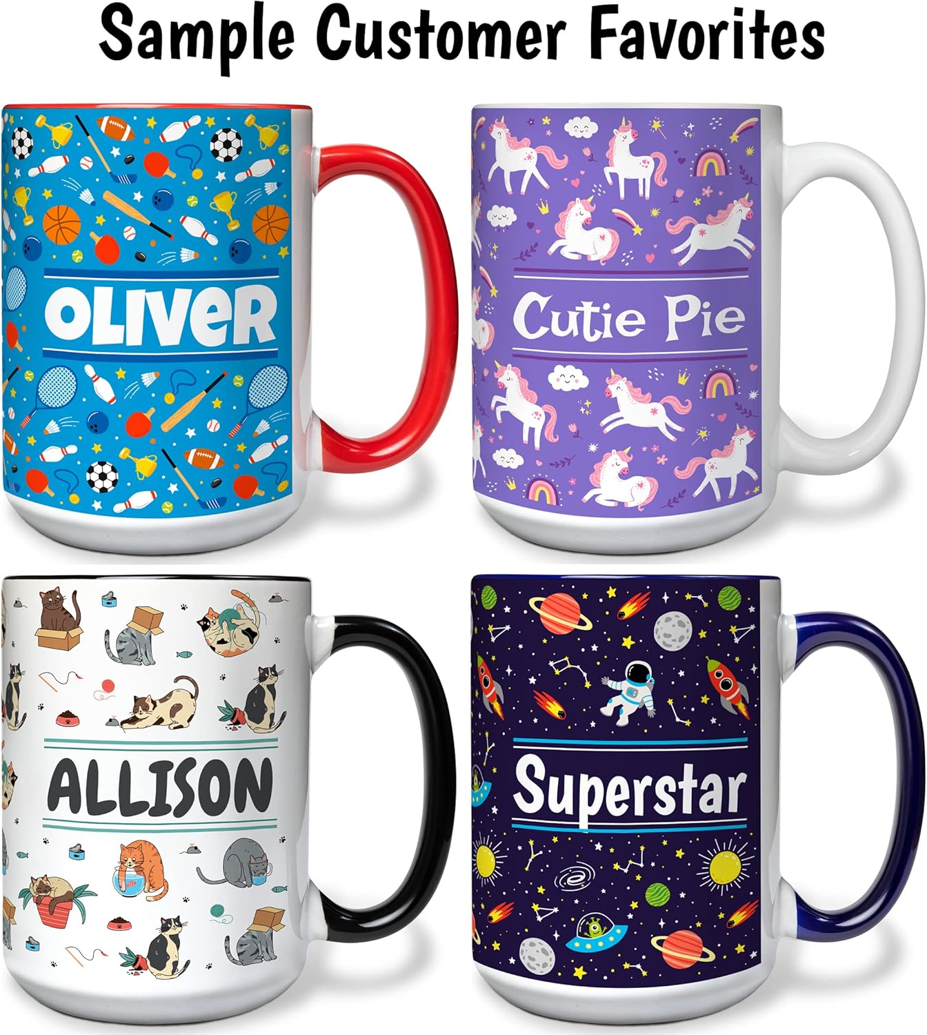 Personalized Mug for Kids - Outer Space - Custom Name/Text, Ceramic Hot Chocolate/Cocoa/Coffee Cup for Boys/Girls, Birthday/Christmas/Holiday Gift - 15 oz, Black Handle
