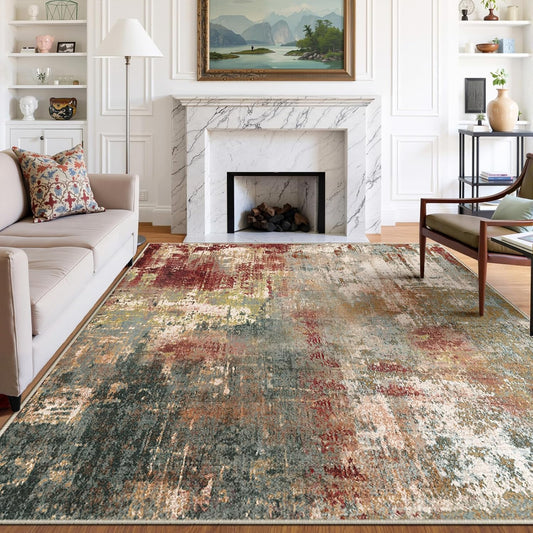 Washable Area Rugs 7'x9' Non-Slip Modern Abstract Soft for Living Room Entryway Bedroom Nursery, Print Pattern, Brown Rust Red Multi