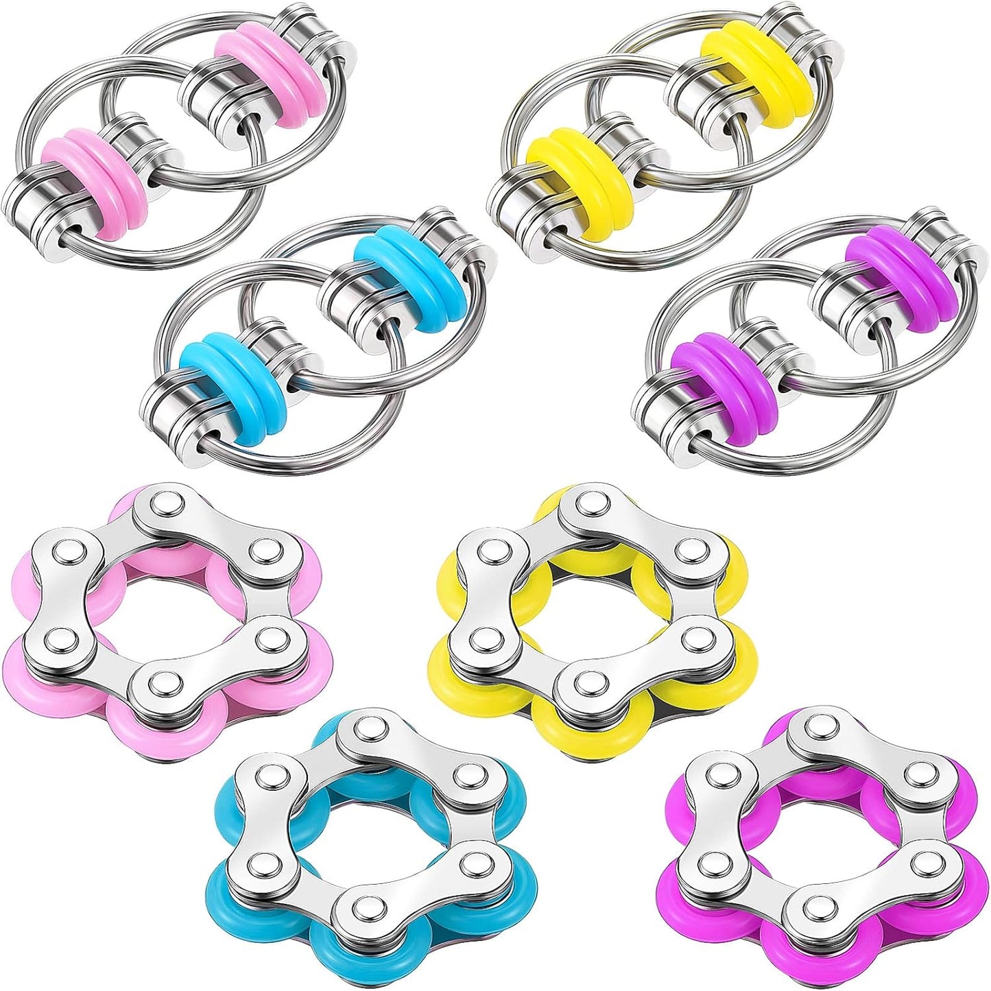 Hicarer 8 Pieces Fidget Toys Set includes 4 Flippy Roller Chain and 4 Six Roller Bike Chain Toys for Adults and Teenagers in Learning Help (Purple, Pink, Yellow, Light Blue)