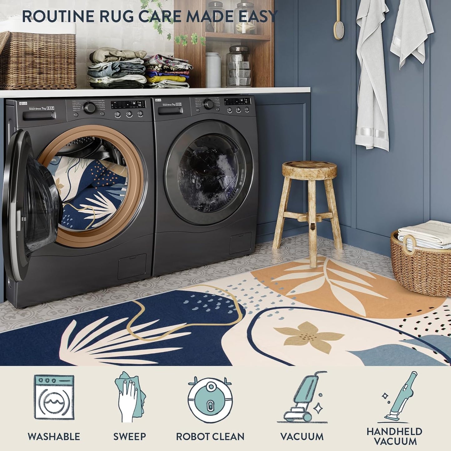 Lahome Rug for Living Room - 5x7 Area Rug Washable Non-Slip Bedroom Carpet Ultra-Thin Throw Cute Soft Kids Nursery Rug, Boho Botanical Print Stain Resistant Indoor Rugs for Dorm Entryway Office