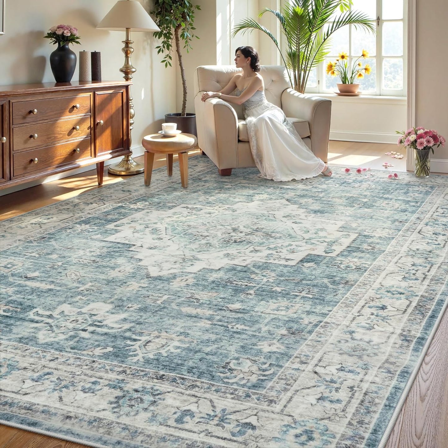 LIVEBOX Washable Area Rug 10x14 Rugs for Living Room Bedroom, Non-Slip Boho Indoor Carpet for Dining Room Office, Low-Pile Farmhouse Soft Carpets for Kids Nursery Room Playroom, Blue