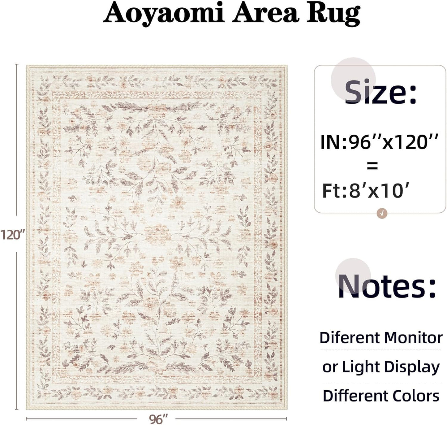 Rugs for Living Room 8x10 Rug, Washable Floral Boho Area Rug Non Slip Soft Low Pile Large Rugs for Bedroom Girls, Dining Room, Office, Kids Playroom(8'x10', Floral Beige)