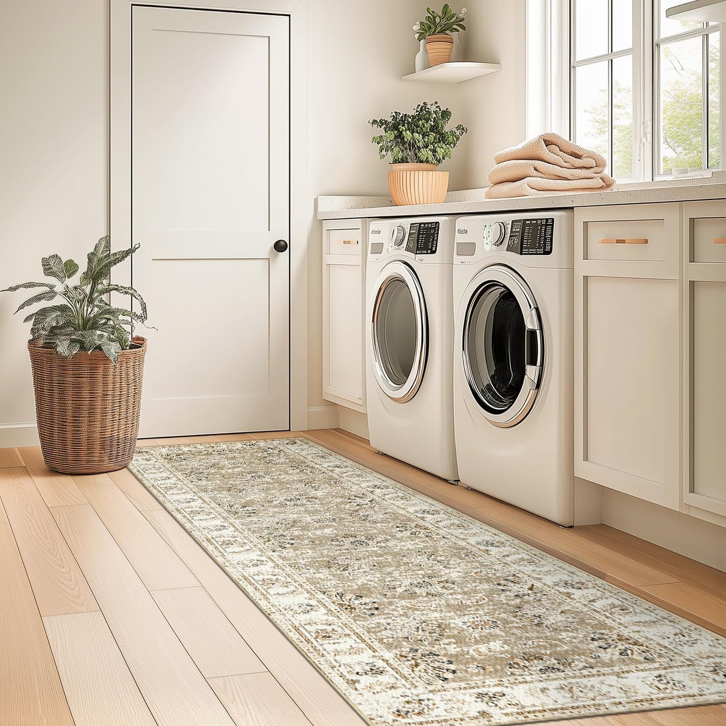 jinchan Hallway Runner Rug 2x10 Machine Washable Runner Rug Taupe Vintage Floral Design Non-Slip Ultra-Thin for Kitchen Laundry Room Bedroom Farmhouse (2‘x10',Taupe)