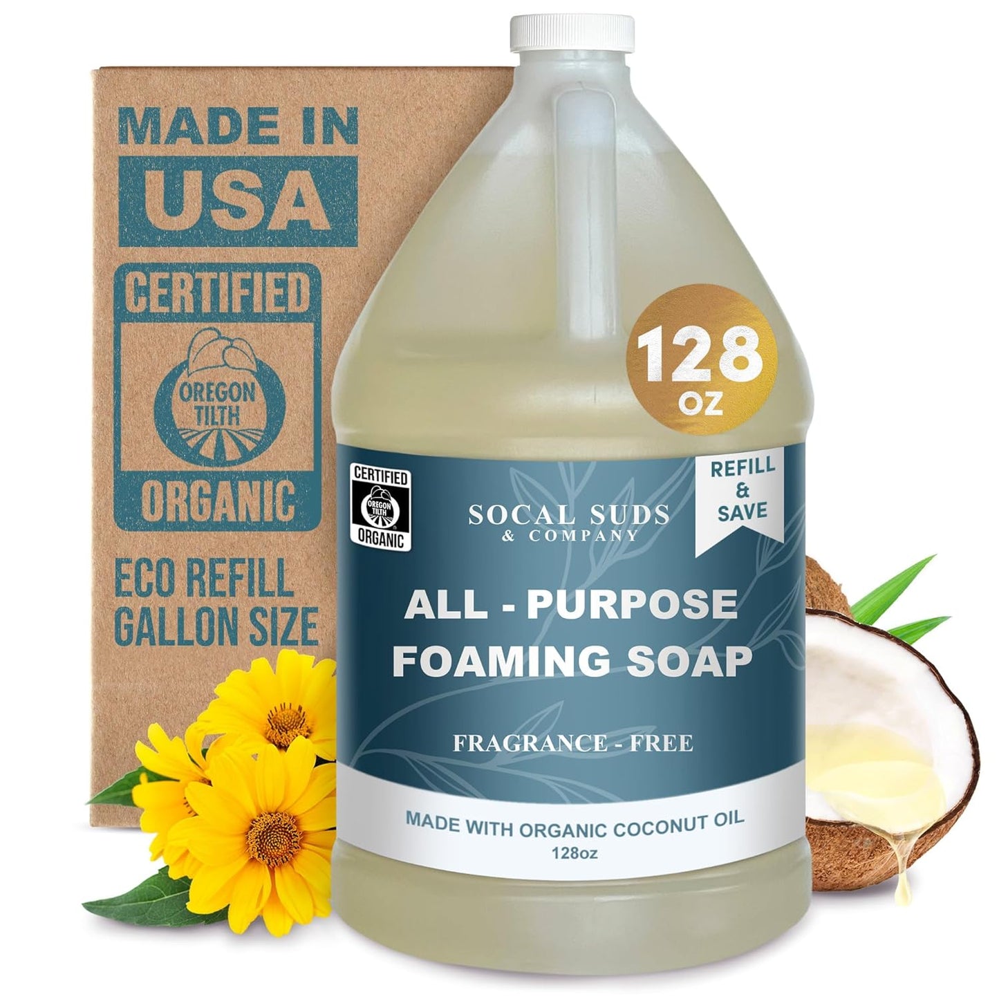 SoCal Suds & Company 128oz Certified Organic Foaming Hand & Body Wash - Gentle Natural Body,Baby & Face Wash for Sensitive Skin, Moisturizing All-Purpose Foaming Soap & More - Fragrance Free