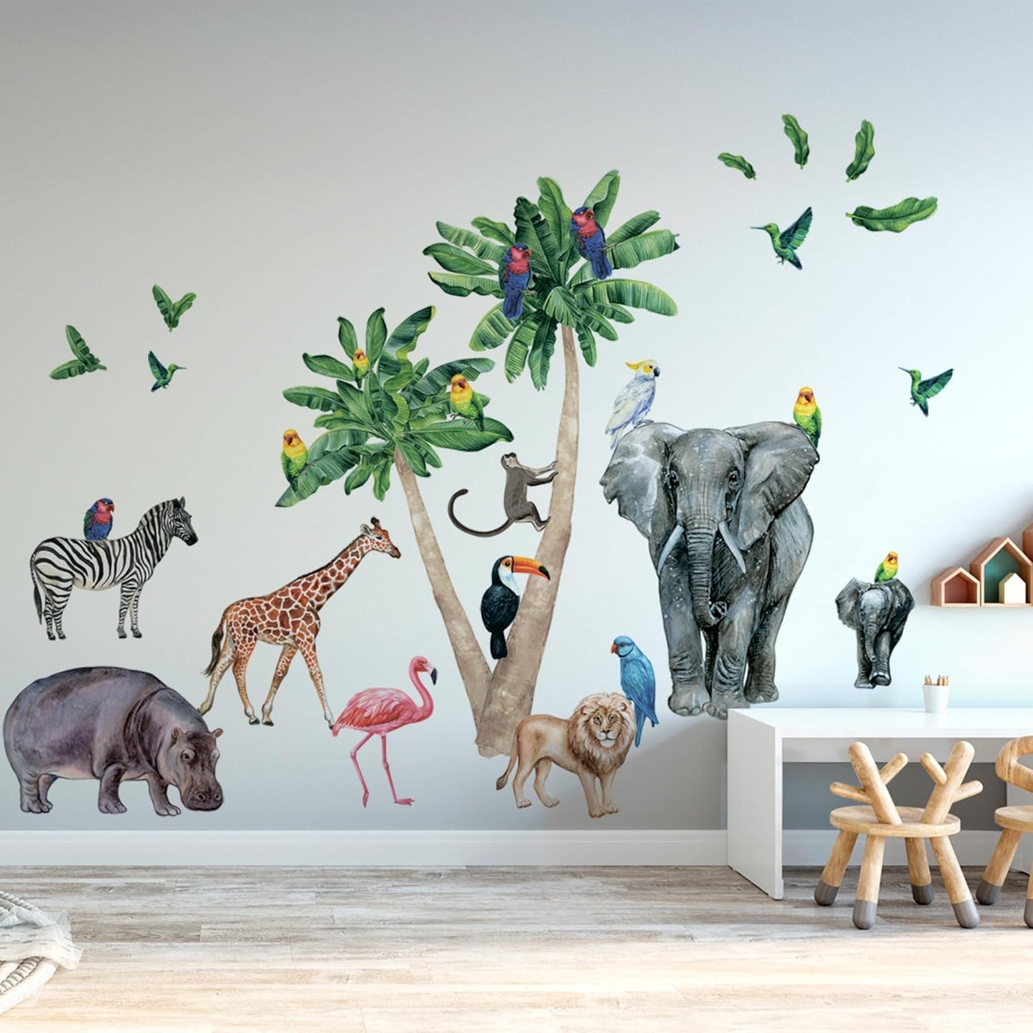 Safari Animal Wall Decals for Kids by Lipastick-Peel and Stick Jungle Stickers Giraffe, Elephant, Hippo, Palm Tree, Parrot for Toddlers Room, Nursery, Playroom, Classroom, Daycare Decor Art- M Size