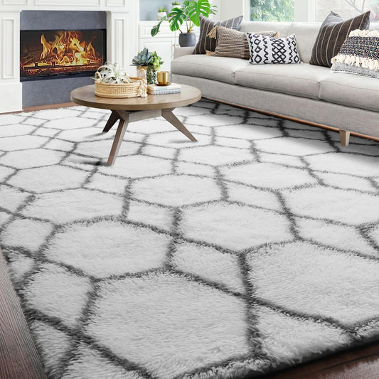 ONASAR Area Rugs for Living Room, Washable 7x10 Fluffy White and Grey Rug for Bedroom, Geometric Moroccan Indoor Shaggy Boho Soft Plush Floor Carpet for Kids Teen Nursery Dorm Home Decor Aesthetic
