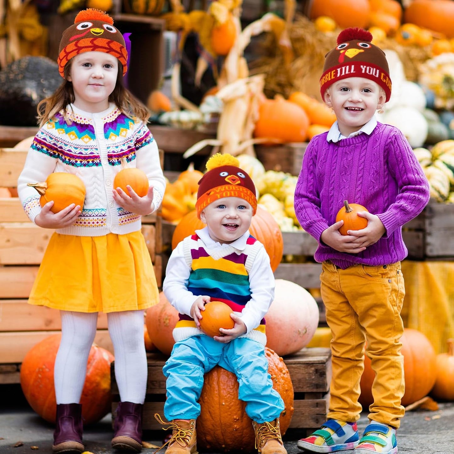 4 Pcs Turkey Pom Pom Beanie Hat Thanksgiving Funny Beanie Turkey Hat Turkey Knitted Cap for Kids Baby Adults Men Women Dress up Costume Running Winter Cosplay