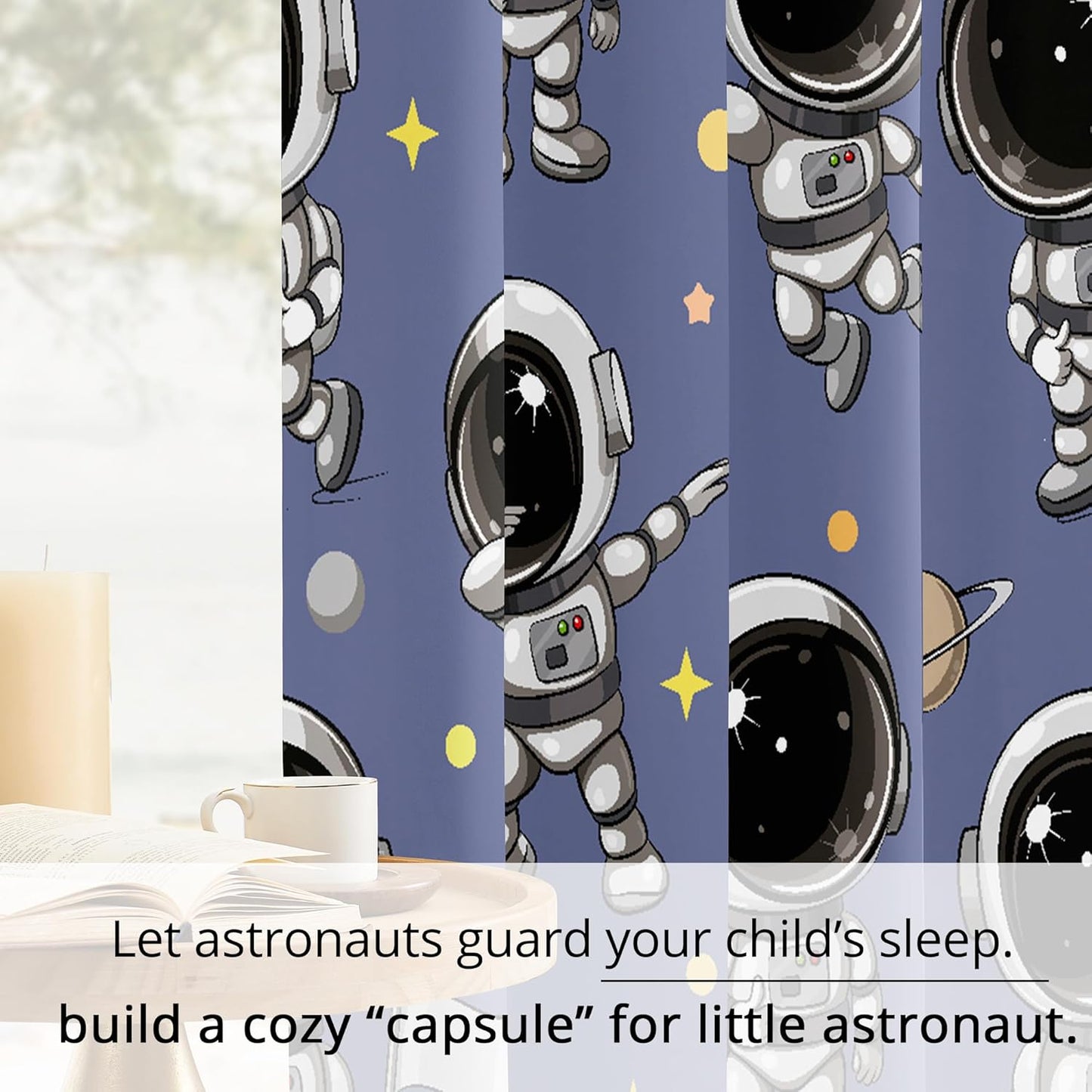 Kids Space Astronaut Blackout Curtains - 100% Blackout, Thermal Insulated, Noise Reducing, Perfect for Kids Room and Nursery, 2 Panels (Spacewalk Buddies, W52×L63)