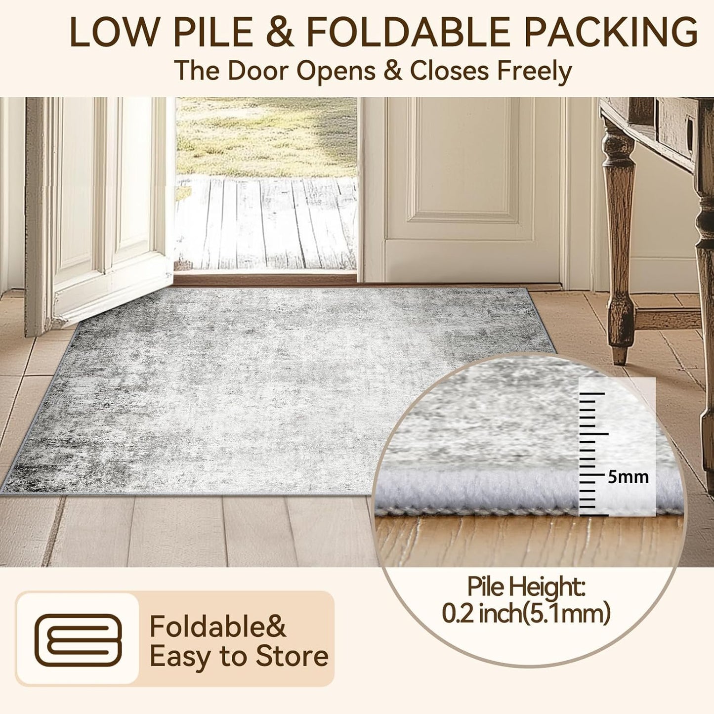 Washable Area Rugs 2'x8' Non-Slip Modern Abstract Soft for Living Room Entryway Bedroom Nursery, Print Pattern, Gray White Grey