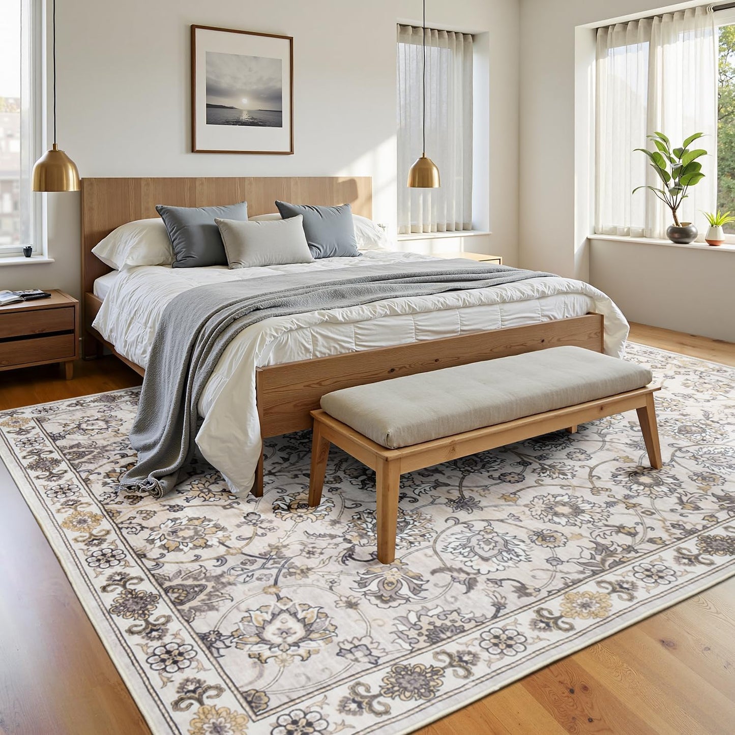 Washable Area Rug 5x7 for Living Room & Bedroom, Large Neutral Floral Rugs, Soft & Non Slip, Low Pile Wool Carpets for Indoor Under Table Dining Home Office Nursery Playroom, Beige