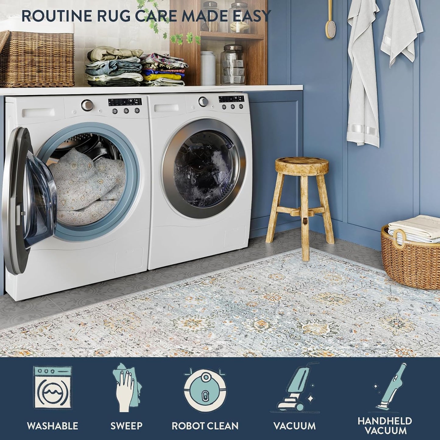 Lahome Boho Light Blue Area Rug 8x10 for Living Room, Soft Floral Rugs for Bedroom Aesthetic, Washable Floor Carpet Non Slip Indoor for Dining Room Home Decor