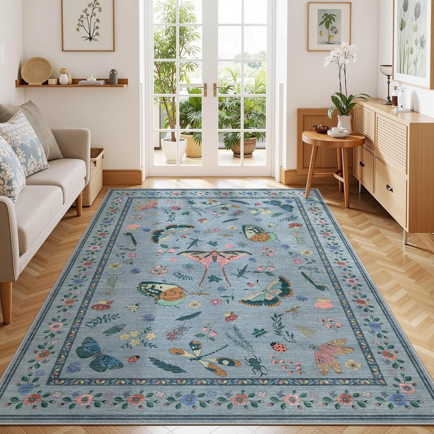 6x9 Rugs for Living Room with Insect Print - Bug Rug Non-Silp Stain Resistant Soft Carpet for Bedroom, Low Pile Ultra-Thin Machine Washable Carpet for Dining Room, Kids Nursery, Office (6'x6' Blue)