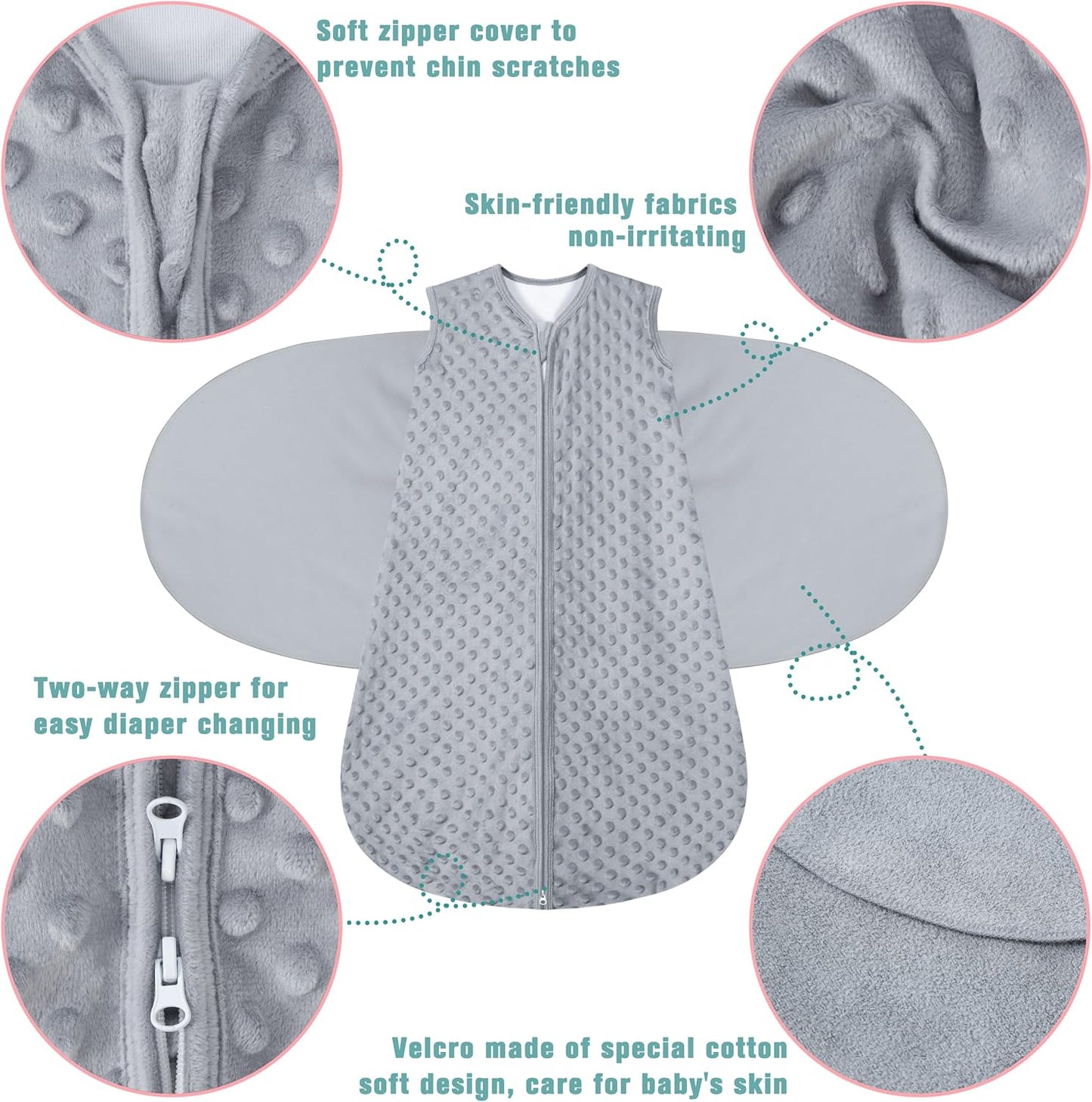 Fleece Newborn Sleep Sack Baby Swaddle,3-Way Adjustable Wearable Blanket,2 Pack Fleece Swaddling Sleeping Bag TOG 2.0， (Gray & Pink, 0-3 Months)