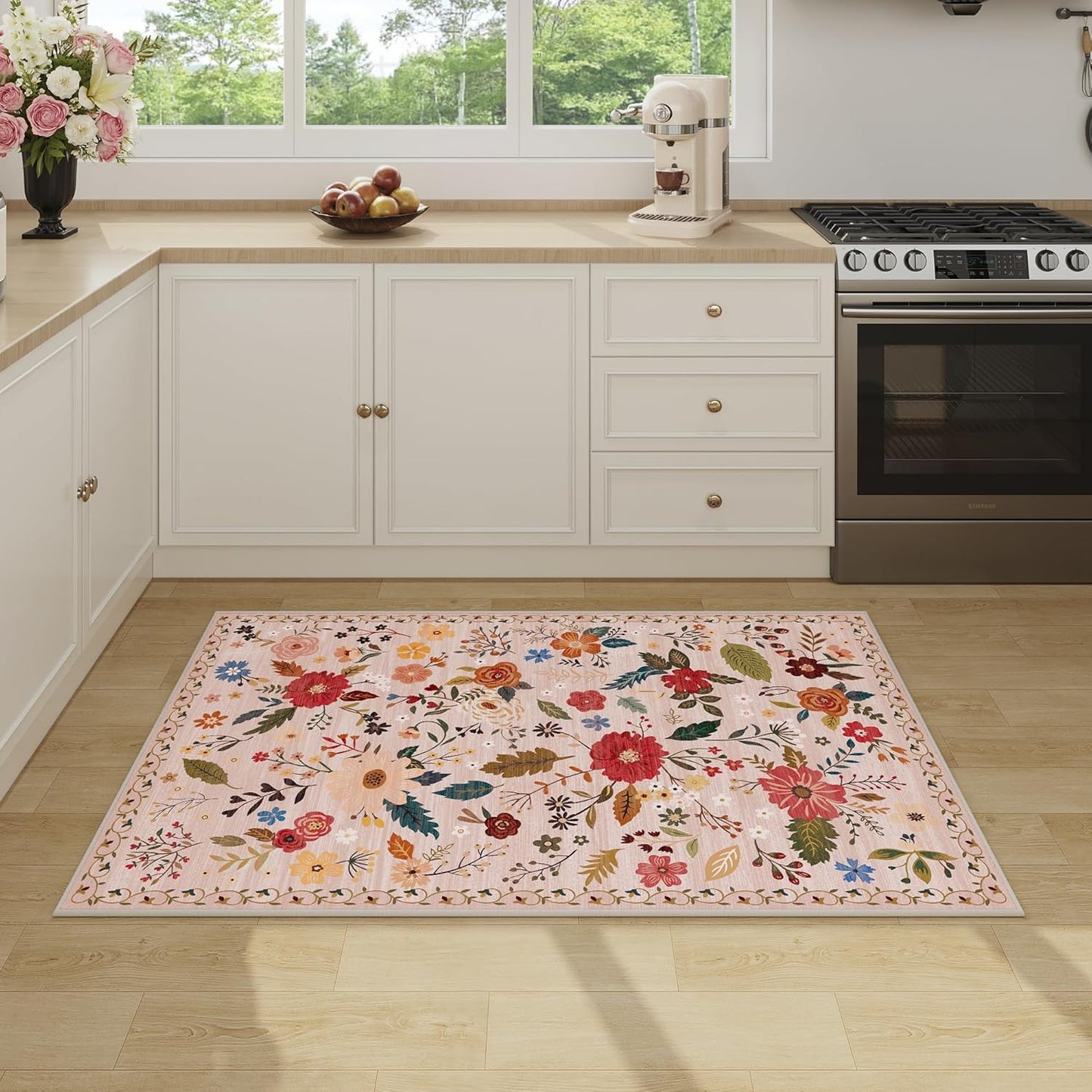 3x5 Area Rug, Floral Pink Washable Rug for Entryway, Non Slip Flower Area Rugs, Soft Low Pile Indoor Doormat Small Carpet, Rugs for Living Room Bedroom Nursery Kitchen Dining Room, Pink/Beige