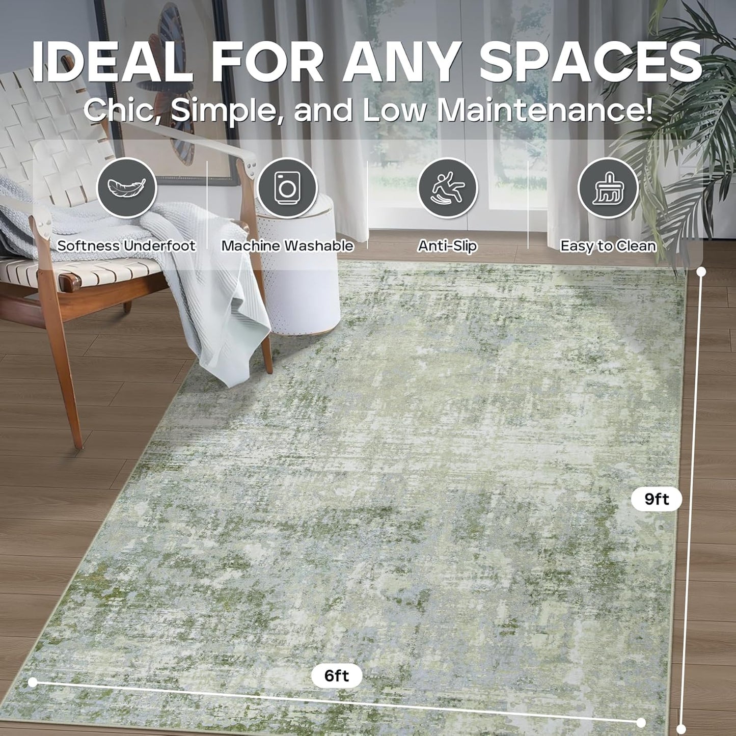 6x9 Area Rugs for Living Room Rug Washable: Modern Rug for Dining Room Bedroom Carpet Non Slip Low Pile 6 by 9 Indoor Abstract Nursery Home Office Green
