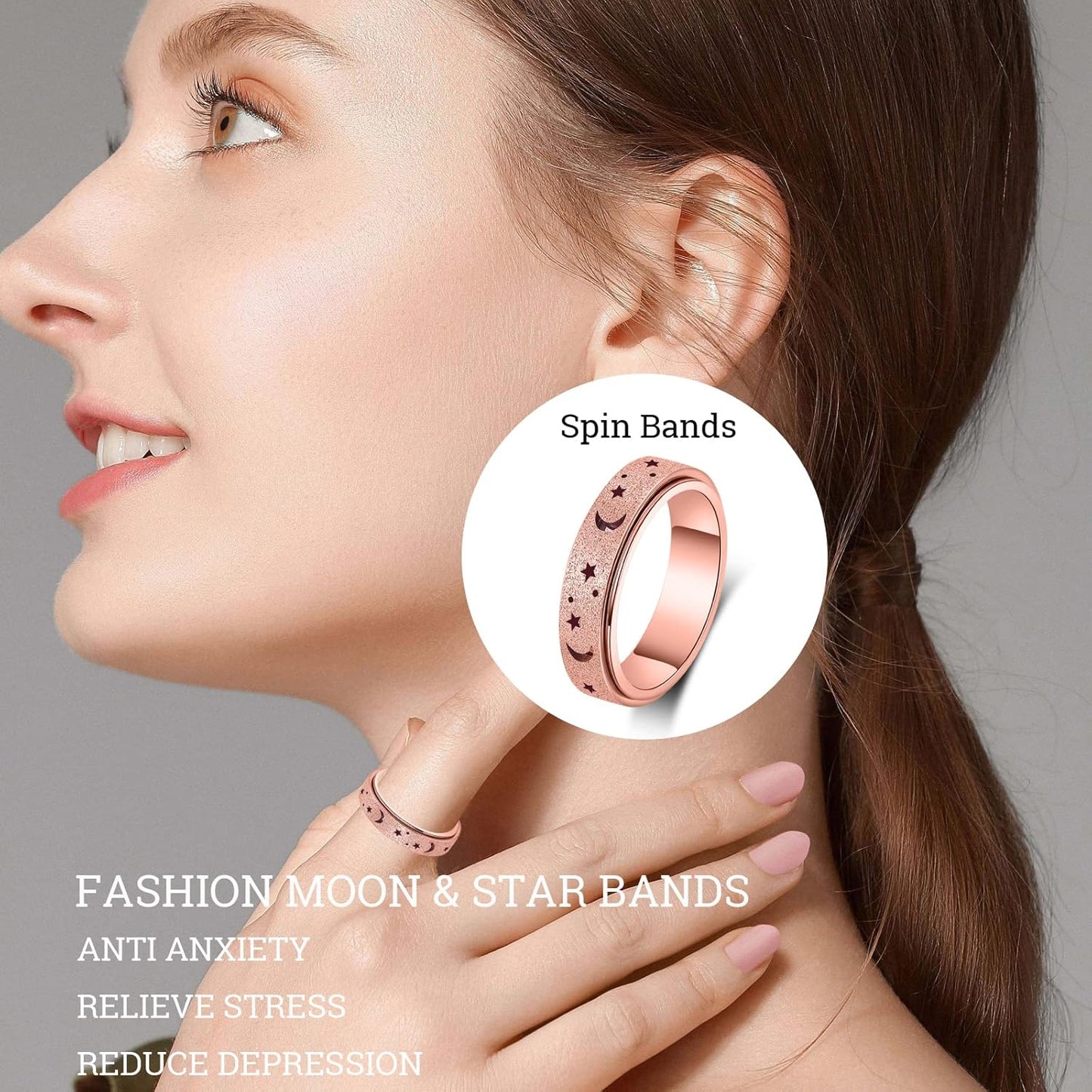 Anxiety Ring for Women Men, Titanium Stainless Steel Spinner Ring, 5 Colors, 6MM, Size 6-10, 3 Styles Anxiety Ring-Moon Star, Sandblasted Finished, Hollow Outer