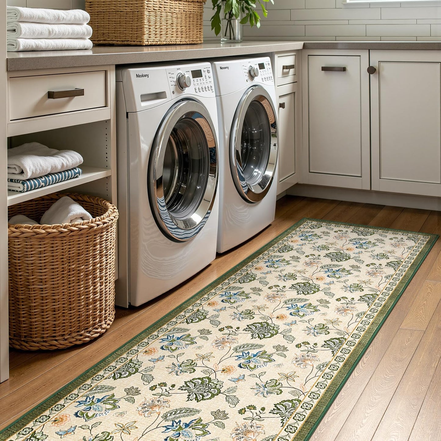 jinchan 3x10 Floral Runner Rug for Hallway Washable Kitchen Runner Vintage Romance Design Non Slip Thin Indoor Floor Cover Low-Profile Throw Carpet for Entryway Bathroom Bedroom Porch, Green/Beige