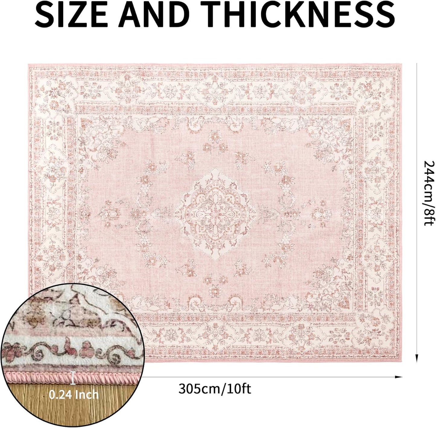 8x10 Area Rugs Washable: Oriental Soft Area Rug for Living Room Bedroom No Shedding - Low Pile Thin Carpet Rug for Dining Room Non Slip - Boho Vintage Rug for Home Decor - Soft Pink