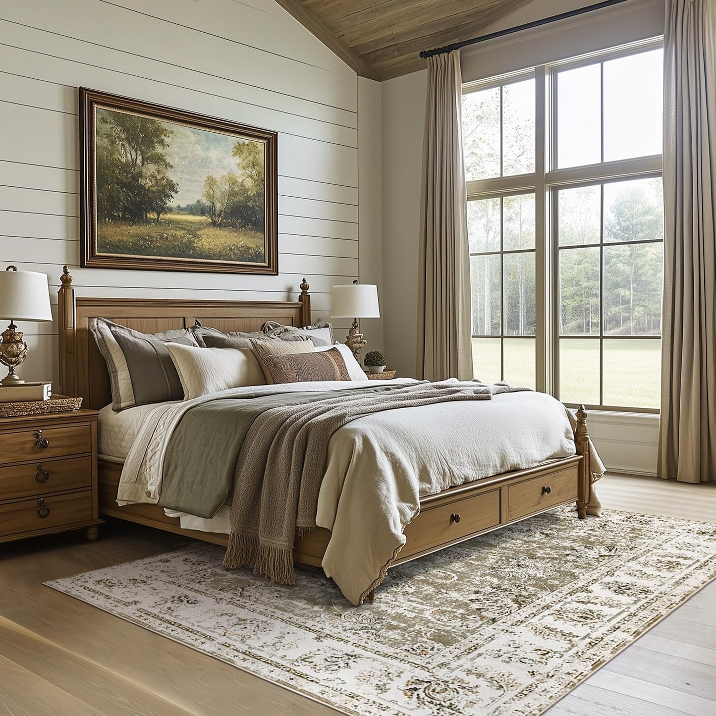 jinchan Vintage Floral 5x7 Area Rugs for Bedroom - Machine Washable Distressed Design Stain Resistant Boho Carpet Ultra-Thin Low Pile Non-Slip Rug for Living Room Dining Room Kitchen (5‘x7',Taupe)