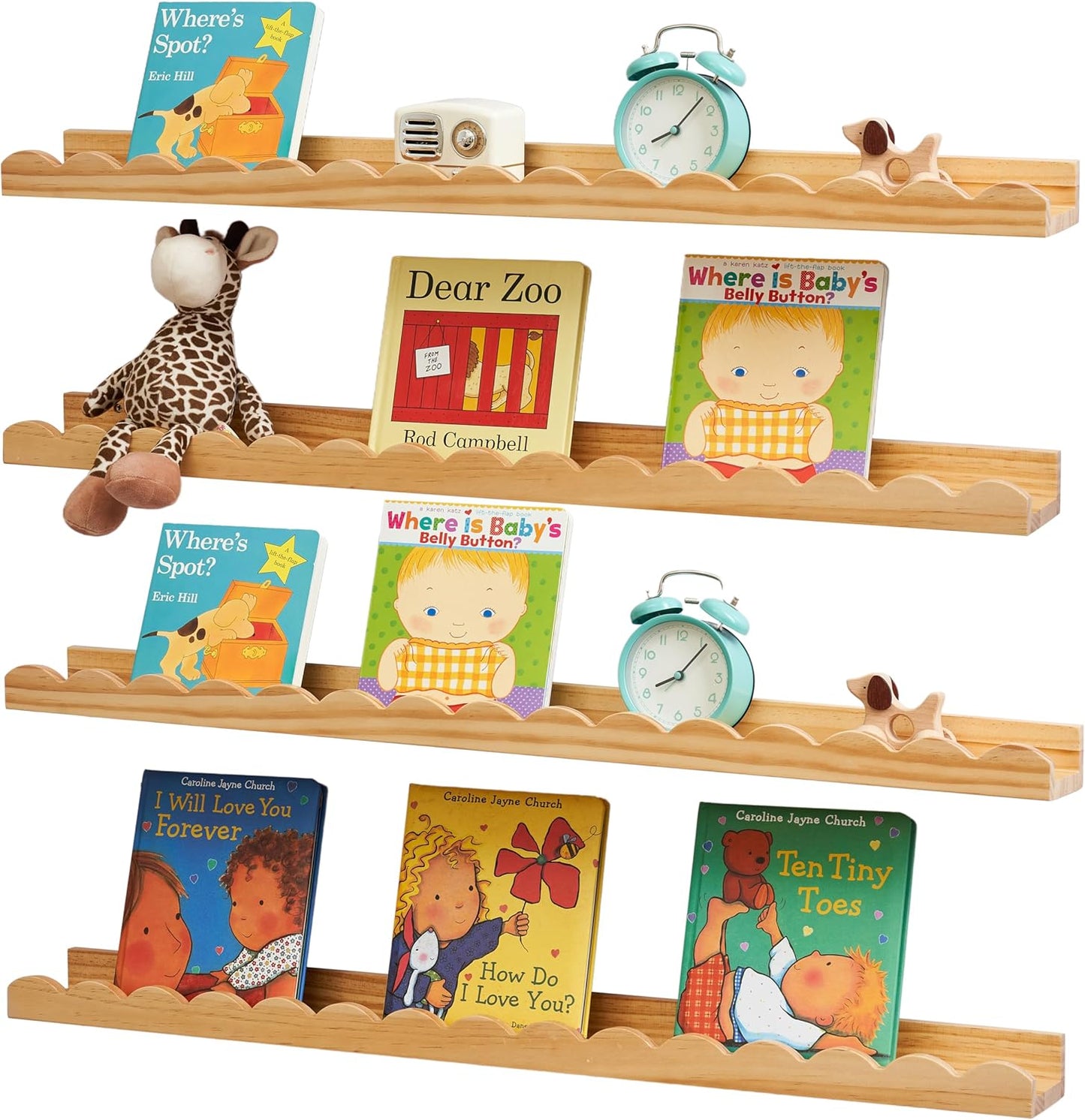 Scalloped Baby Book Shelf,Floating Shelves for Wall Set of 4 Natural Solid Pine Wood Nursery Bookshelves with Wave Lip for Bedroom Kids, Toddler Room, Baby Room, Nursery Decor(Natural,60cm)