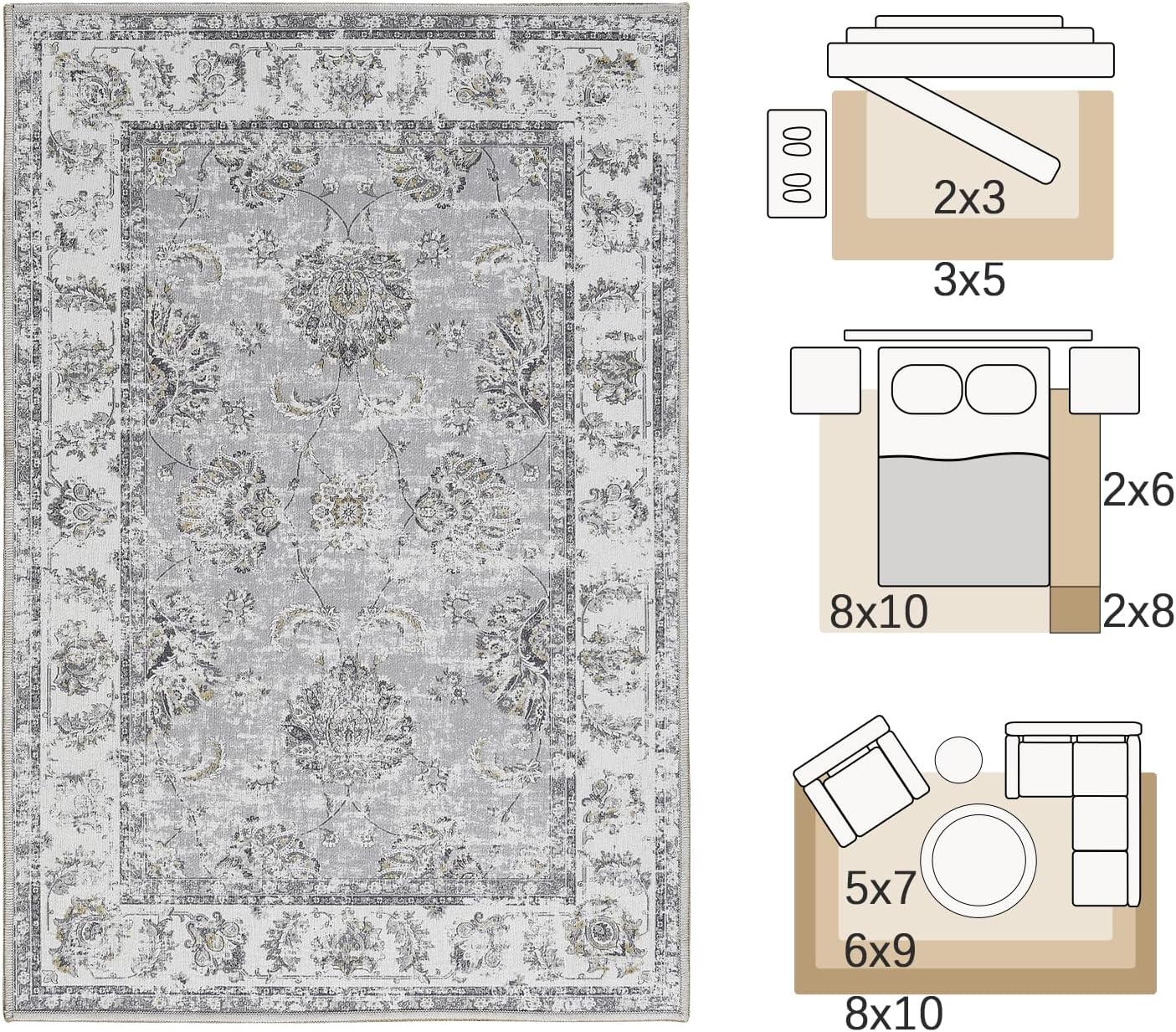 jinchan Vintage Floral 5x7 Area Rugs for Bedroom - Machine Washable Distressed Design Stain Resistant Boho Carpet Ultra-Thin Low Pile Non-Slip Rug for Living Room Dining Room Kitchen (5‘x7',Grey)