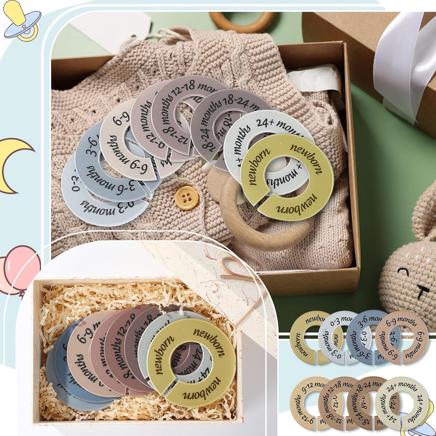 8 Pcs Baby Closet Dividers Unisex Baby Clothes Organizers Clear Labels for Nursery Closet Organizer & Decor Nursery Fits Most Rods(Natural,Earth Stone Color)