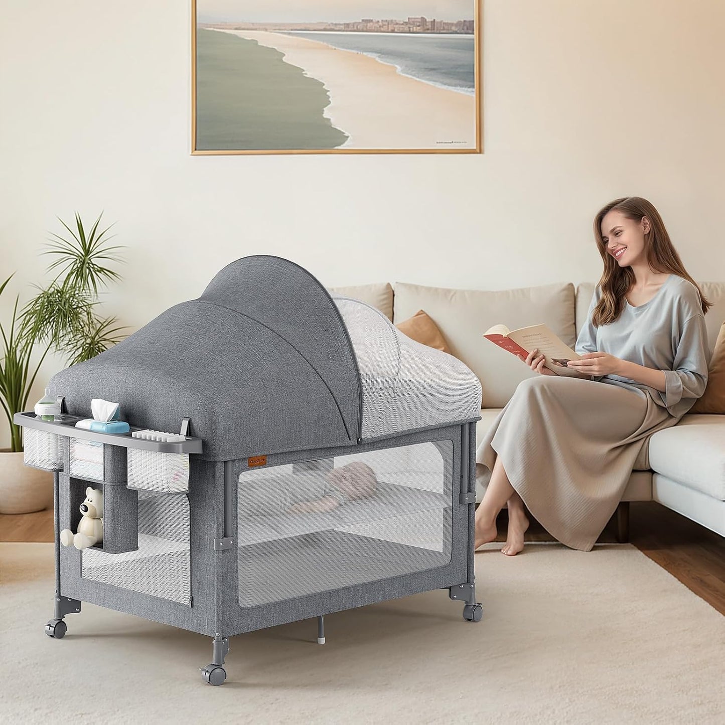 4 in 1 Baby Bassinet, Pack and Play, Bedside Crib Sleeper, Diaper Changer, Quickly Assembled and Folded Portable Crib with Mattress and Mosquito Net, Easy to Carry