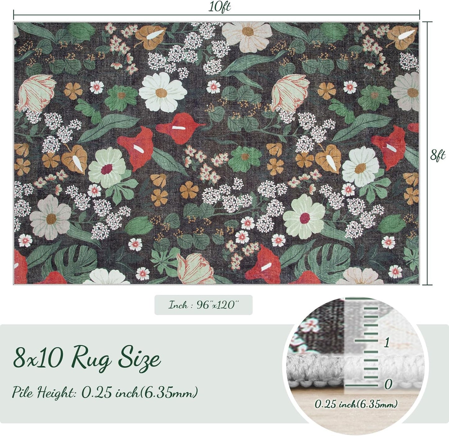 8x10 Area Rug for Living Room: Vintage Floral Washable Rug Soft Boho Non Slip Carpet Large Indoor Floor Non Shedding Low Pile Thin Carpets for Bedroom Dining Room Farmhouse Nursery Home Office Green