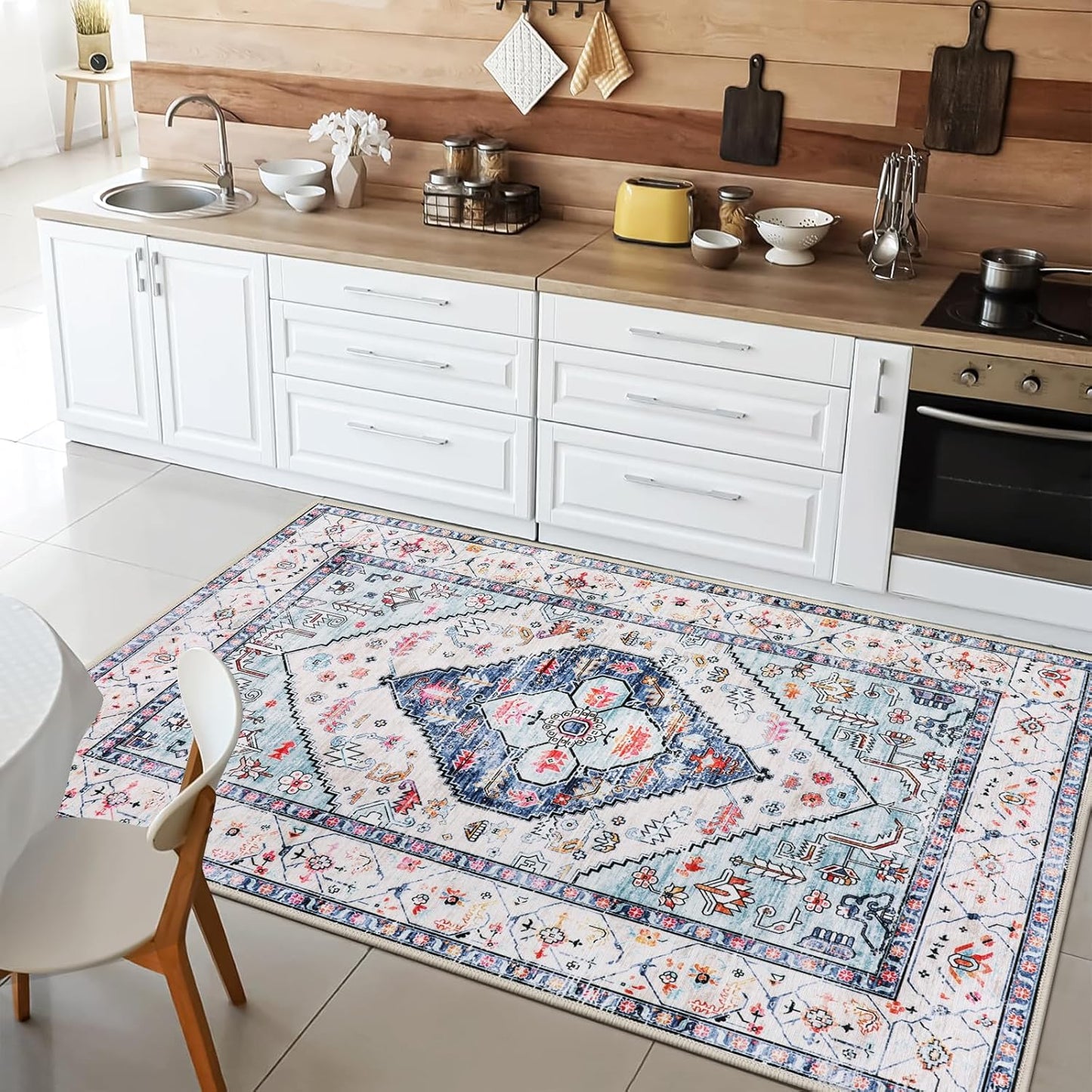 Lahome Boho Round Rug - 9Ft Washable Area Rug, Non-Slip Small Bathroom Rug, Lightweight Bedroom Throw, Oriental Distressed Print Carpet for Entryway, Sofa, Nursery, Kids Room