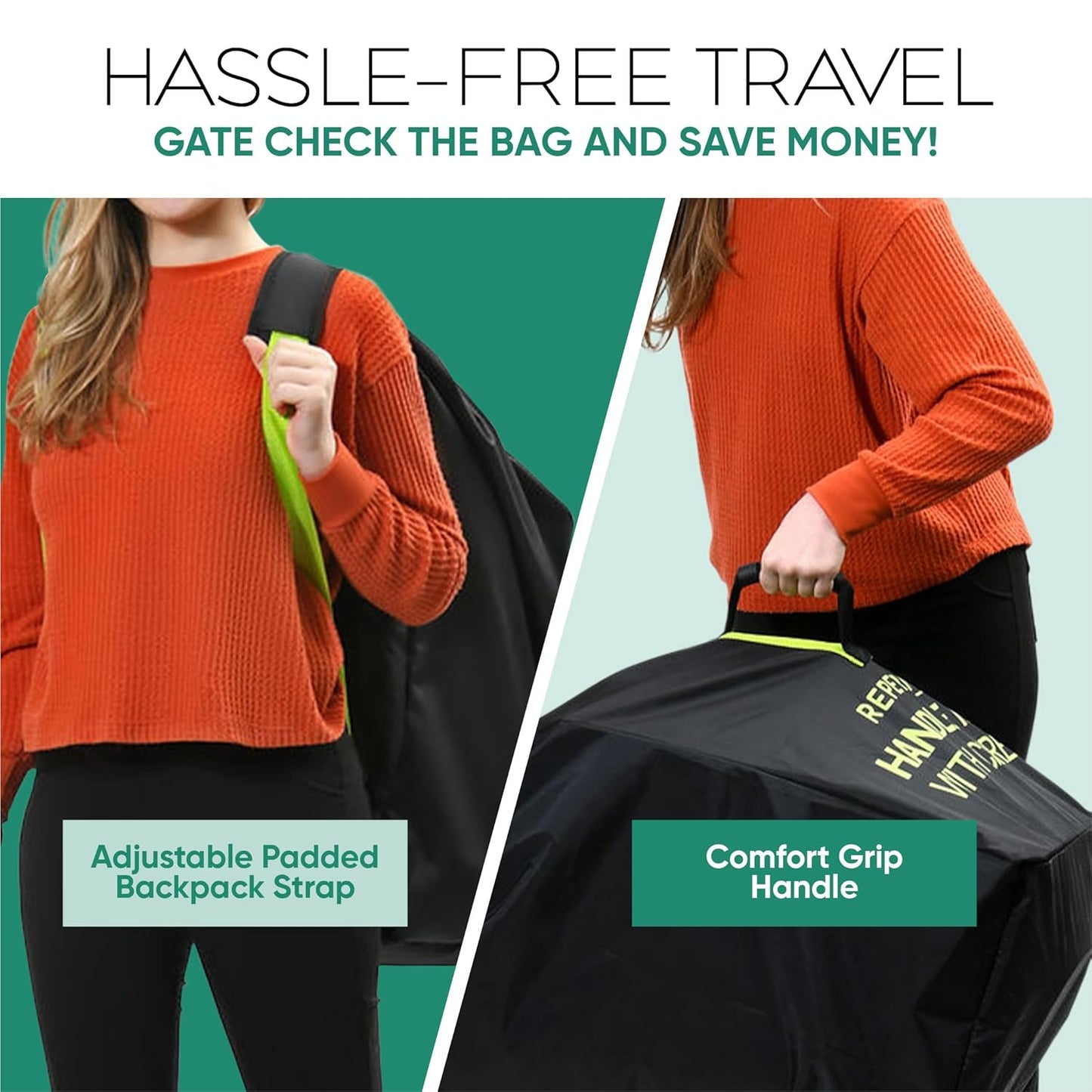 reperkid Large Stroller Bag for Airplane Travel, Black & Green, 47" H x 24" W x 15" D, Fits Most Large, Single, Double, Jogging Strollers – Premium Waterproof Cover, Adjustable Shoulder Straps