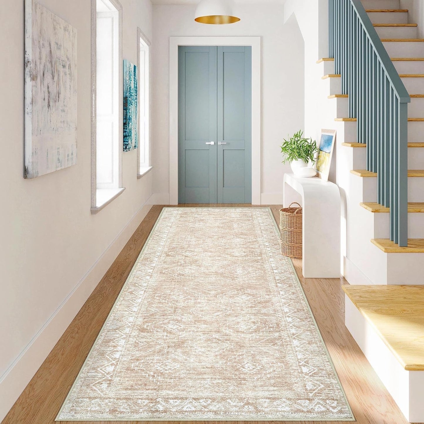 Moroccan Runner Rug 2x6 - Washable Boho Geometric Rugs Non-Slip Entryway Rug, Soft Neutral Farmhouse Runners for Hallway Bedroom Bathroom Laundry Staircase Foyer (2 x 6, Beige)