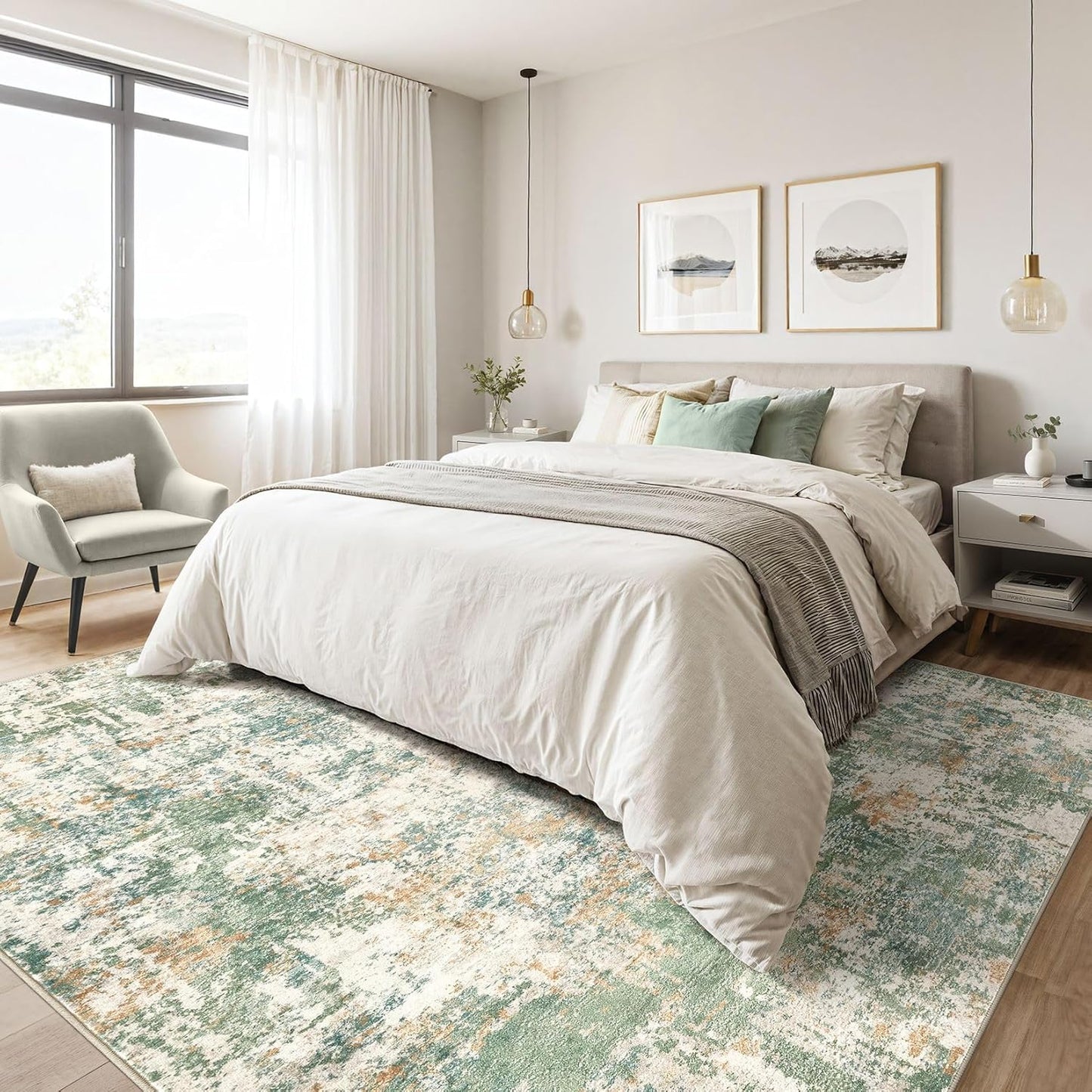 5x7 Area Rugs Living Room: Washable Large Abstract Soft Green Rug Stain Resistant Indoor Floor Non-Slip Accent Carpet for Men Modern Home Enthusiasts Aged 25-45 - Bedroom Office Playroom