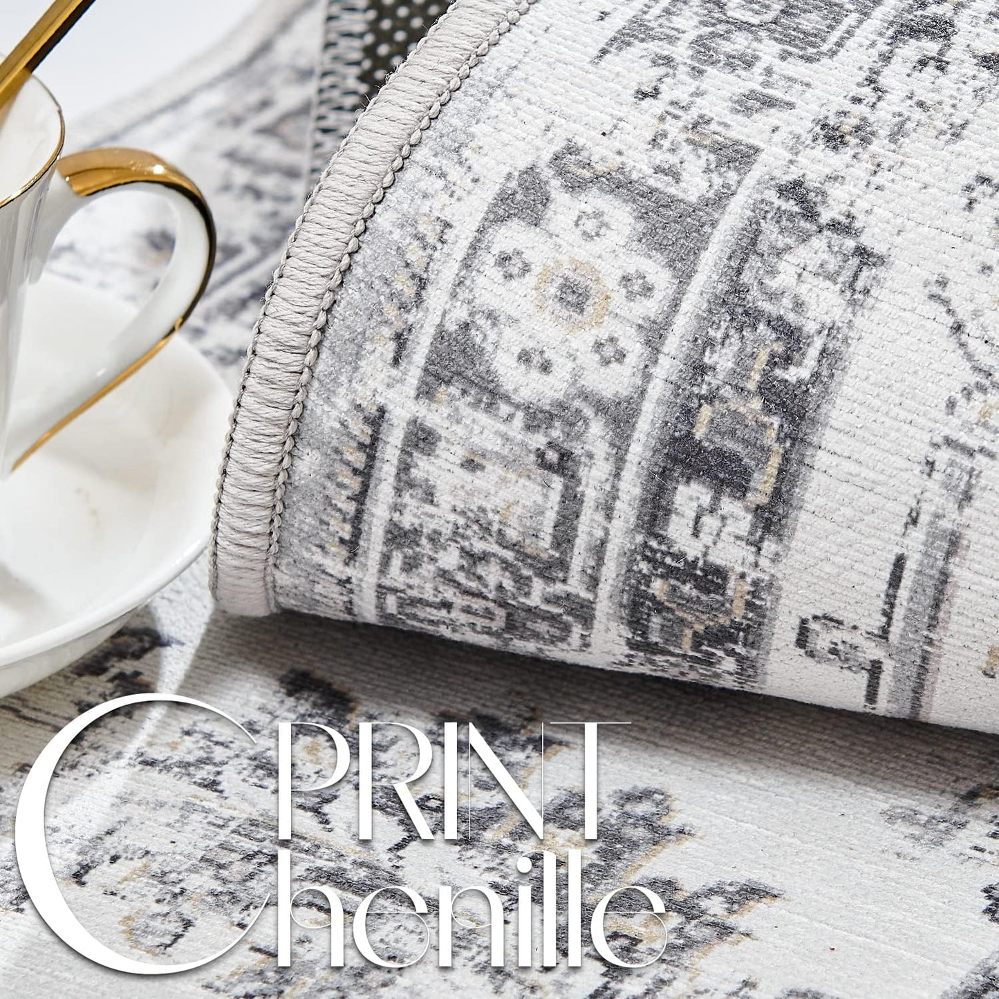 jinchan Hallway Runner Rug 3x7 Machine Washable Runner Rug Grey Vintage Floral Design Non-Slip Low Pile Ultra-Thin for Kitchen Laundry Room Bedroom Farmhouse (3‘x7',Grey)