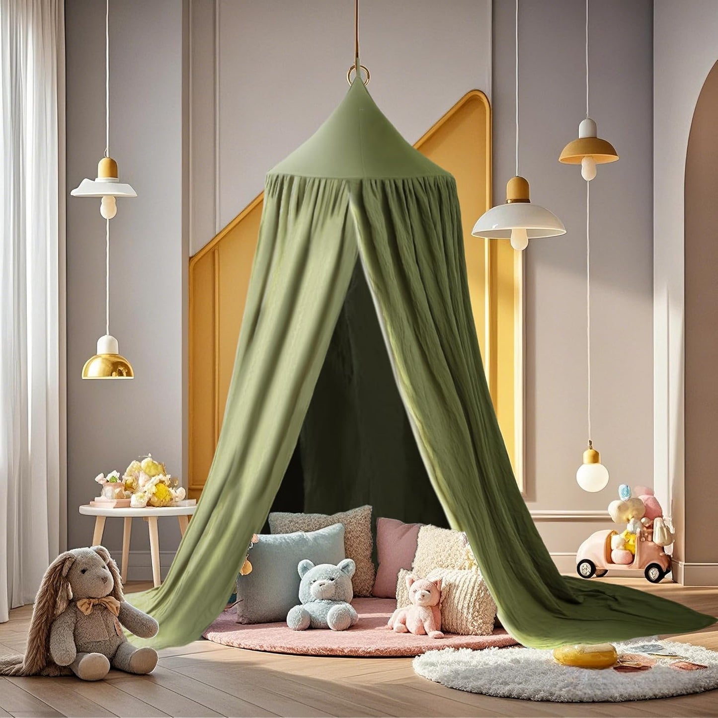 Cotton Kids Bed Canopy, Nursery Room Baby Crib Hanging Curtain Mosquito Net Hideaway Bedding Children Reading Nook Decoration, Pastel Neutral Color for Boys & Girls (Green)